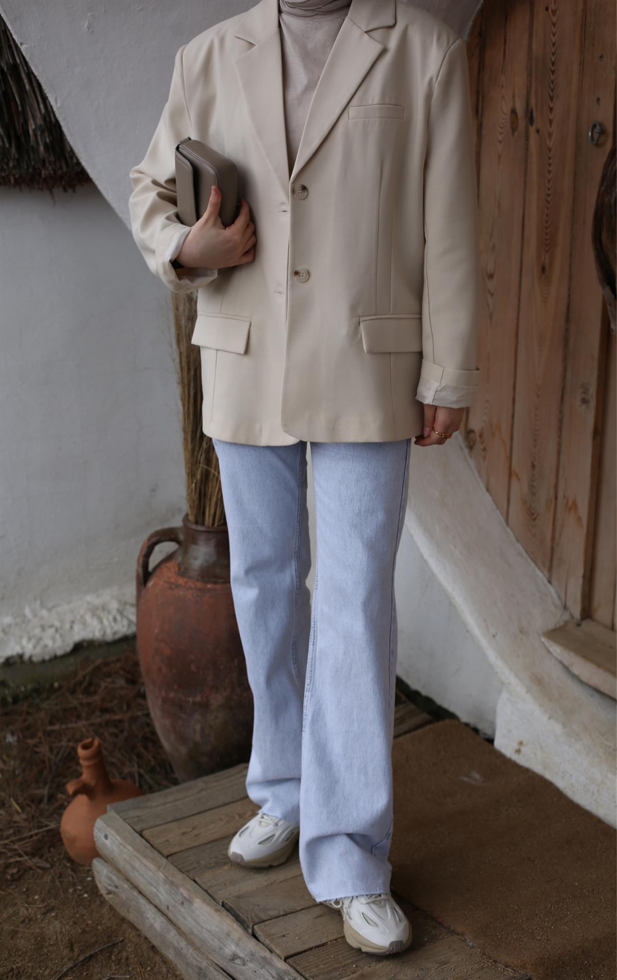 Oversize Kesim Blazer Ceket Bej