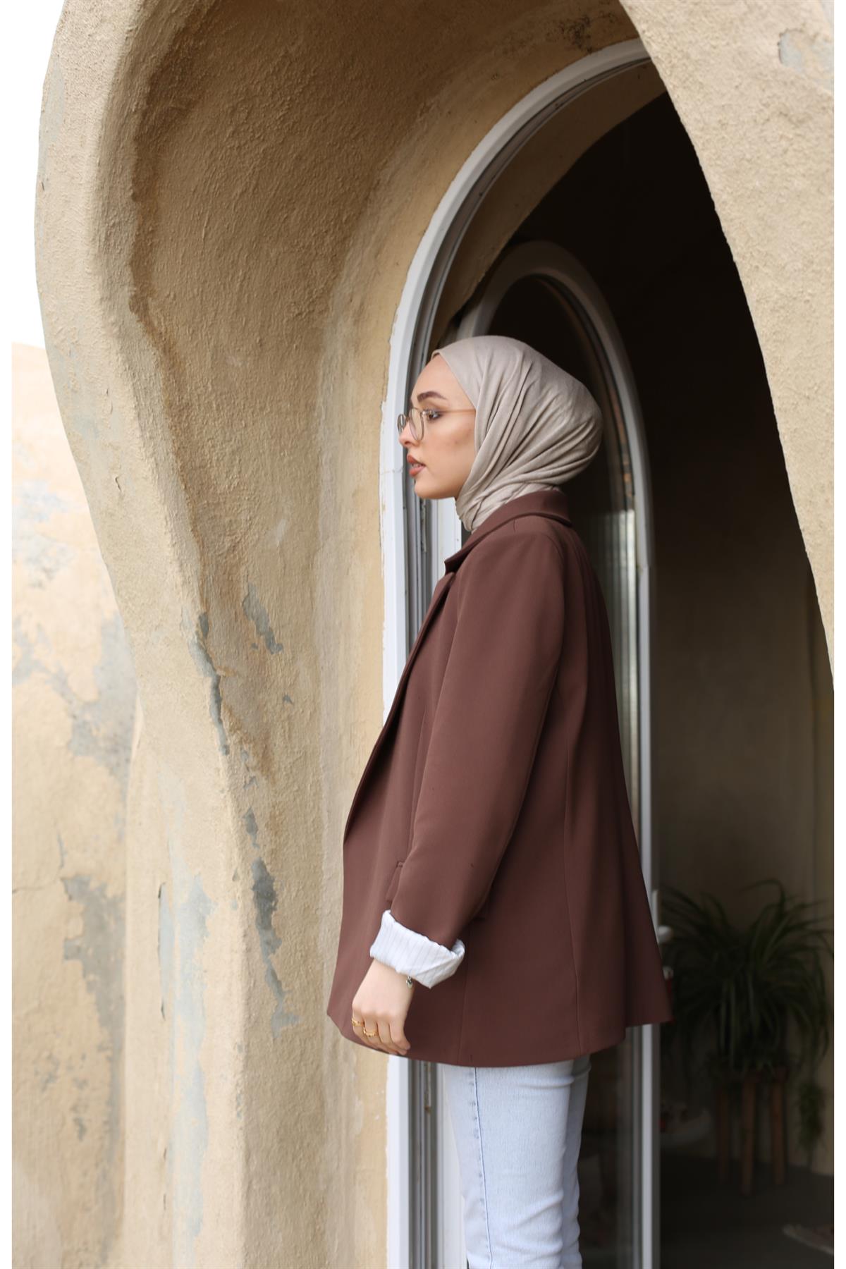 İç Astarı Çizgili Blazer Ceket Kahve