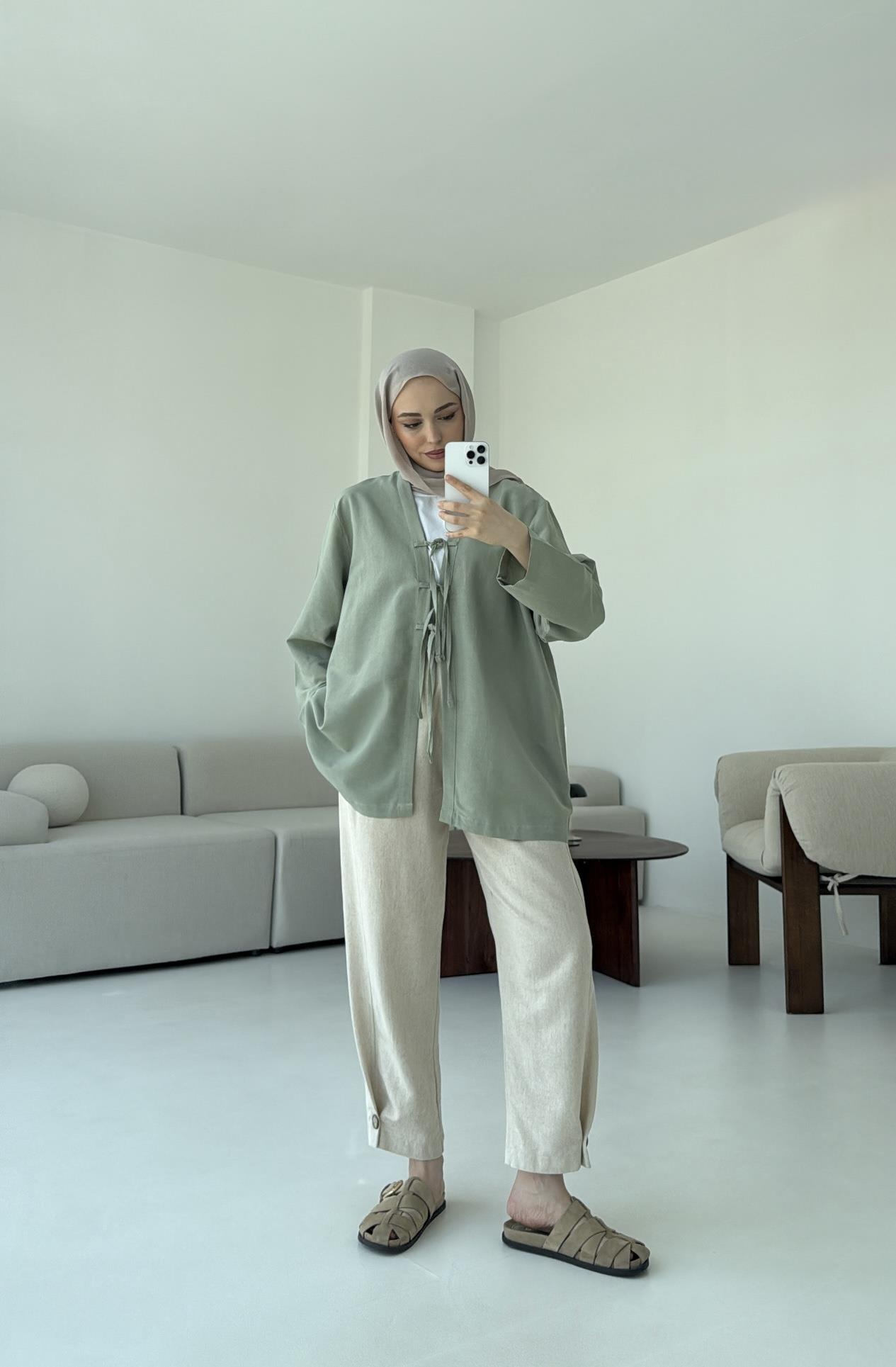 Keten Üç Bağlamalı Kimono Çağla