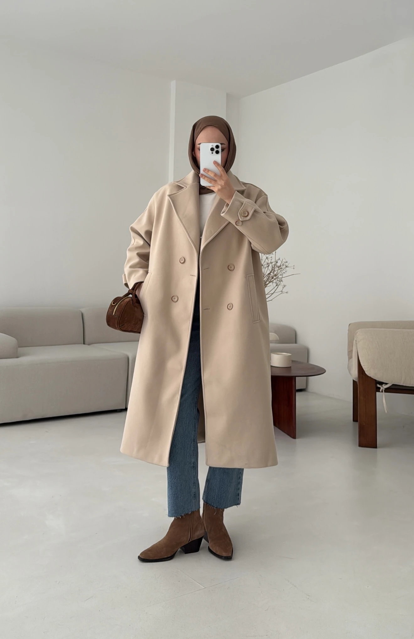  Çift Düğmeli Uzun Kaban Bej