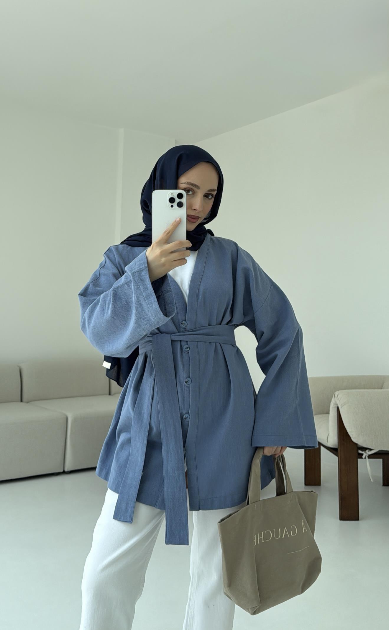 Linen Düğmeli Kimono Mavi