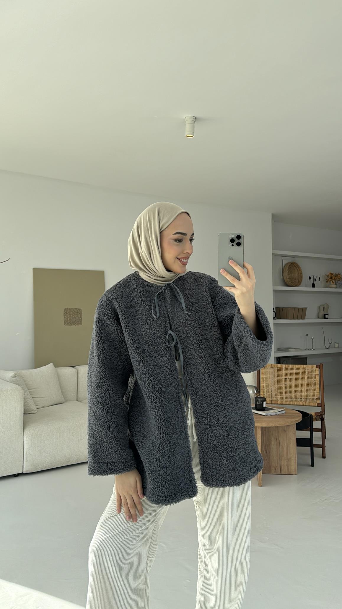 Teddy Bağlamalı Ceket Antrasit