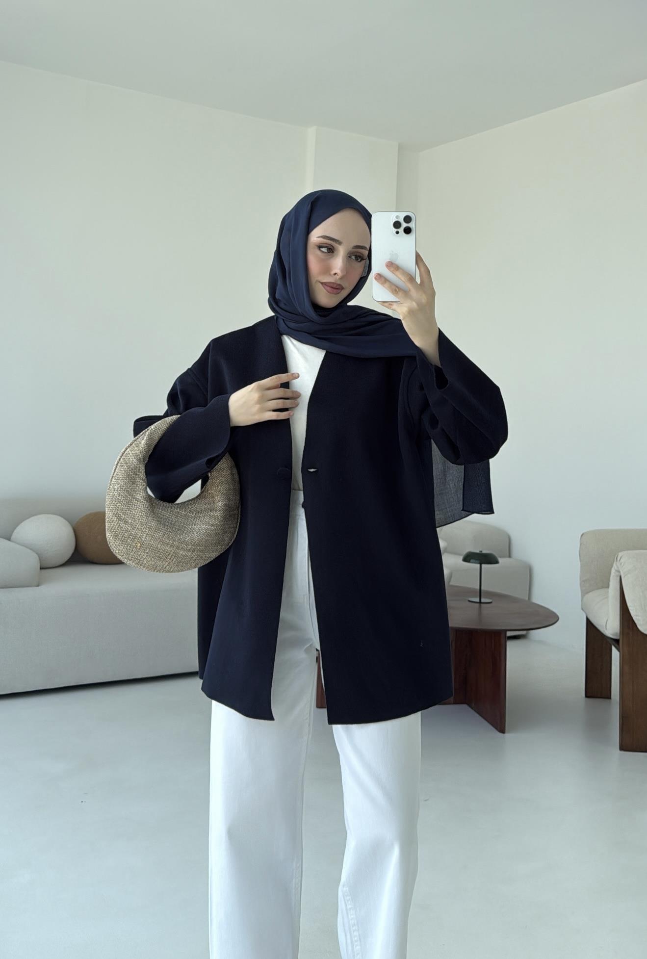 Hafif Tek Dügmeli Kaşe Ceket Lacivert