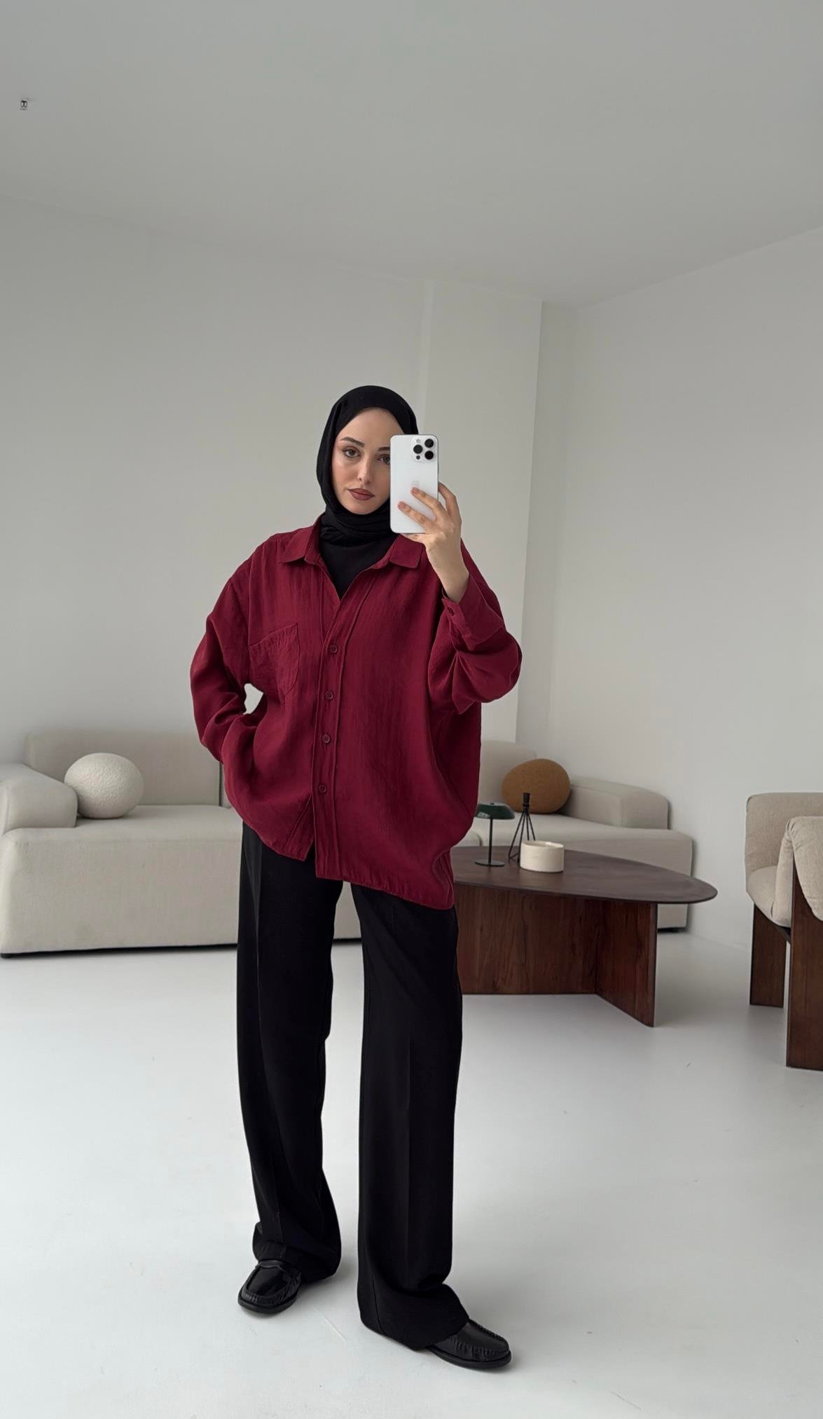 Düşük Omuz Oversize Gömlek Bordo