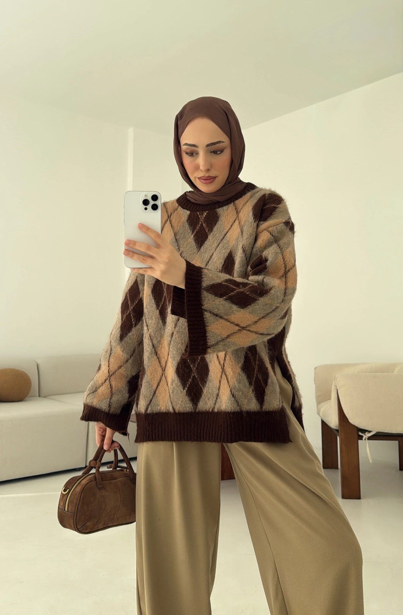 Kolu Yırtmaç Detay Tasarım Kazak Kahve