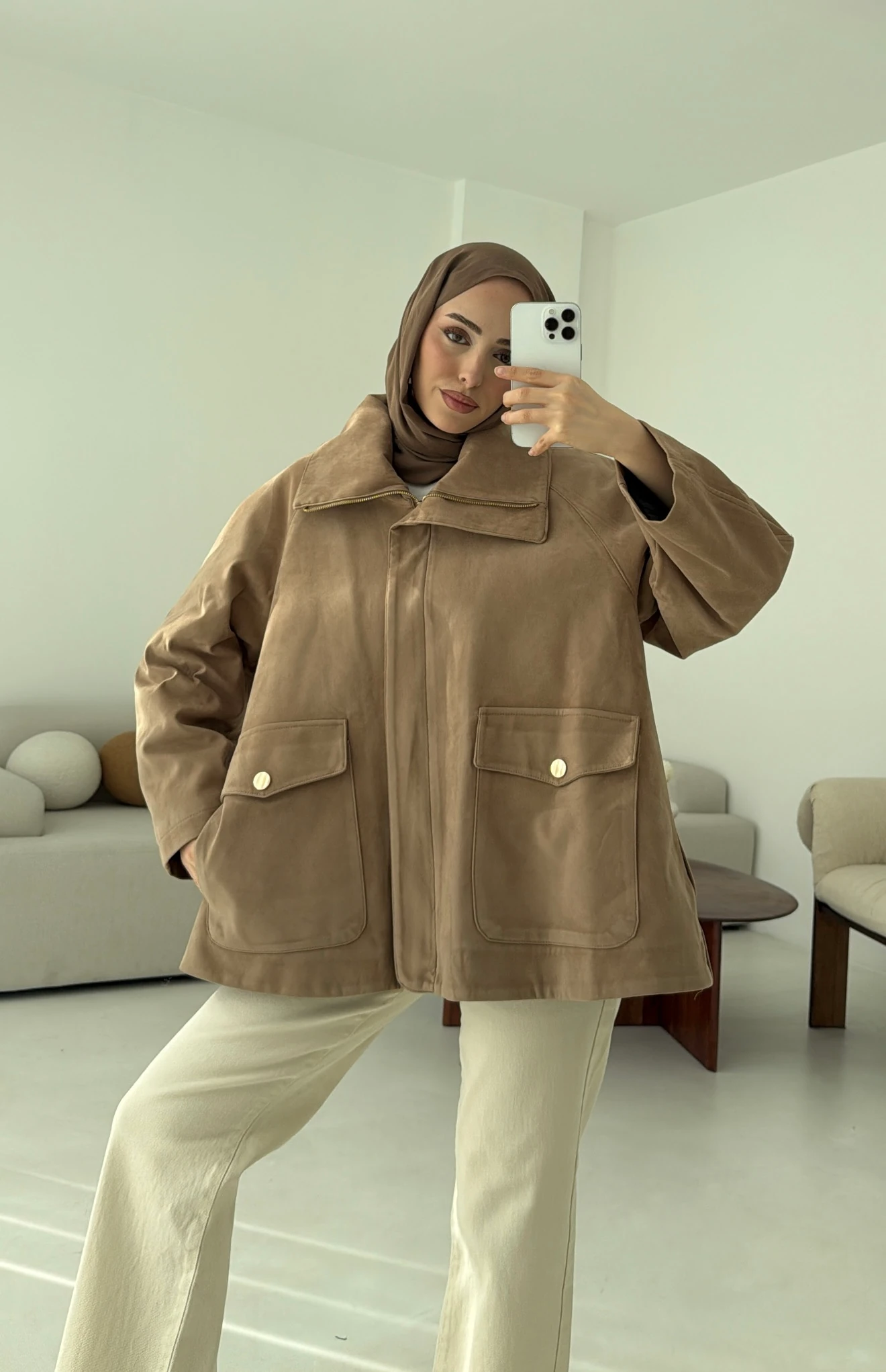 Oversize Dolgulu Süet Ceket Bej