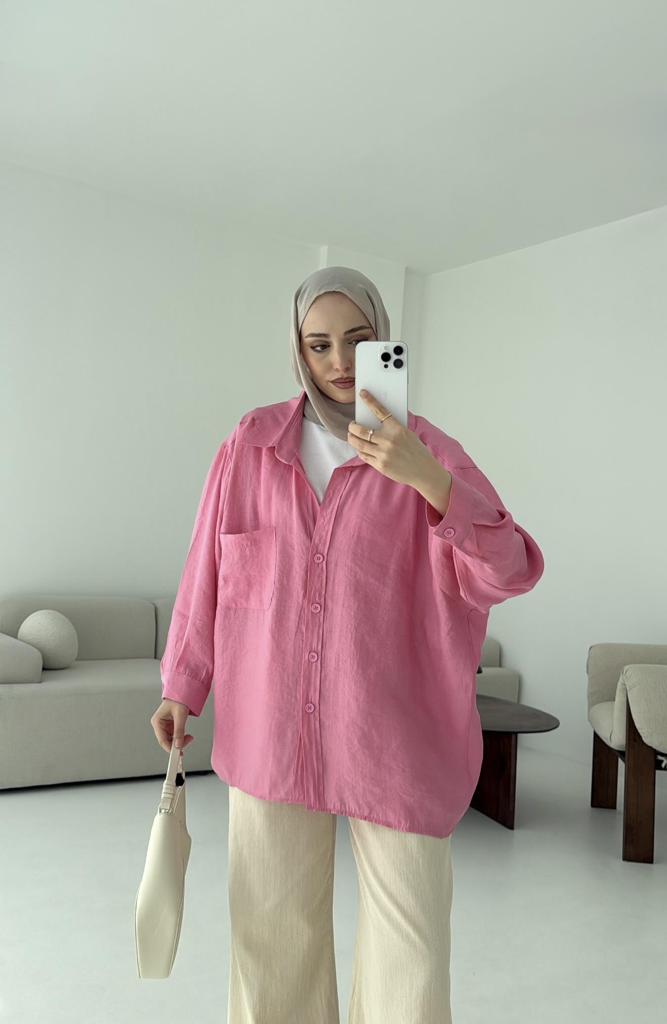 Düşük Omuz Oversize Gömlek Pembe