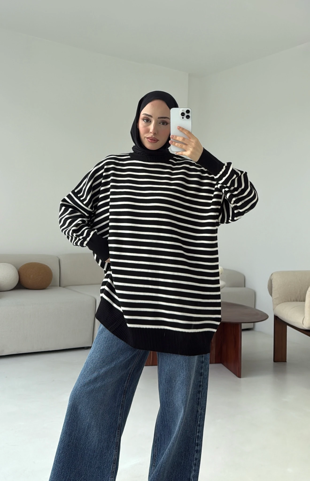 Çizgili Triko Kazak Siyah