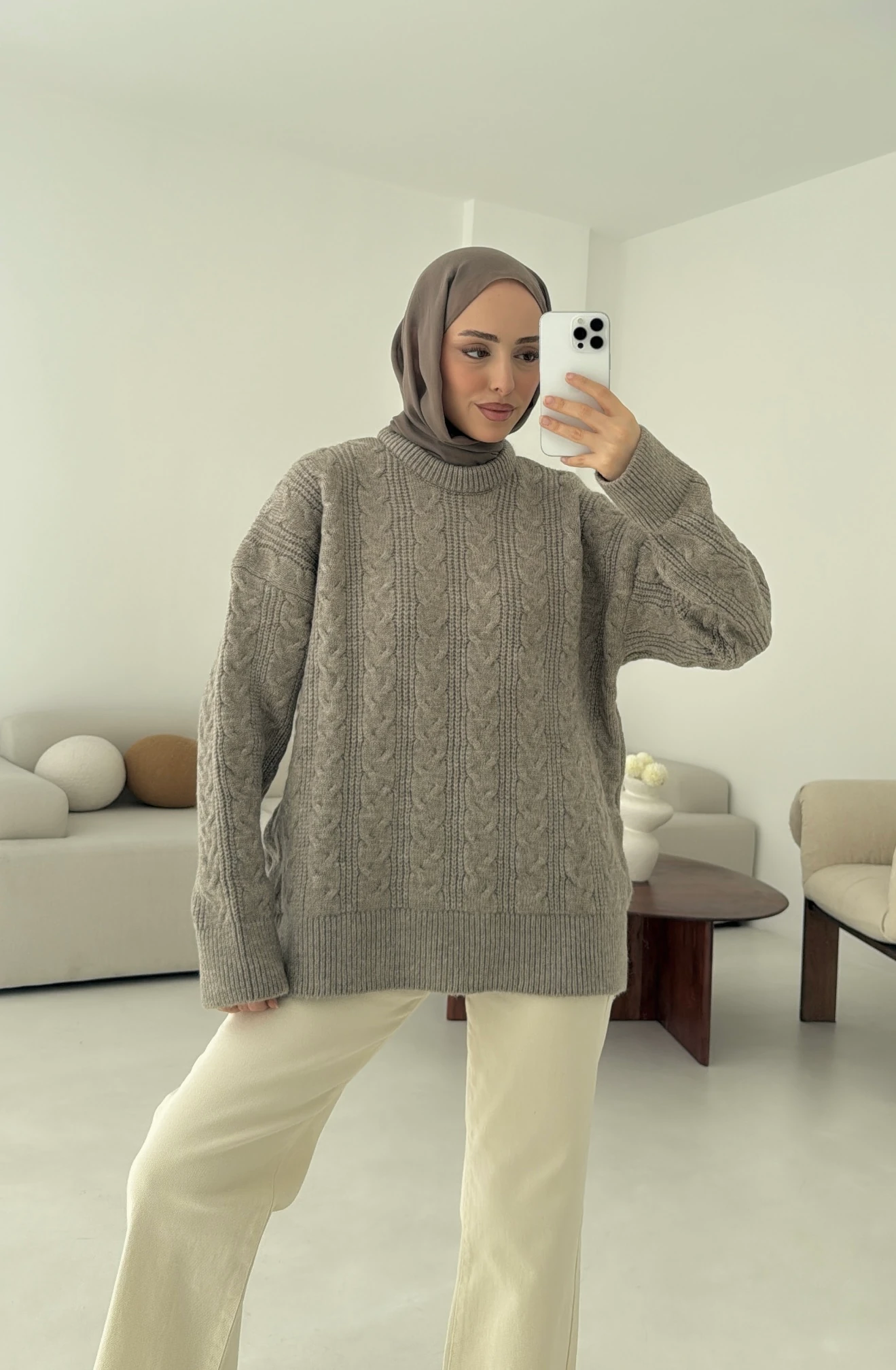 Kalın Saç Örgü Kazak Vizon 