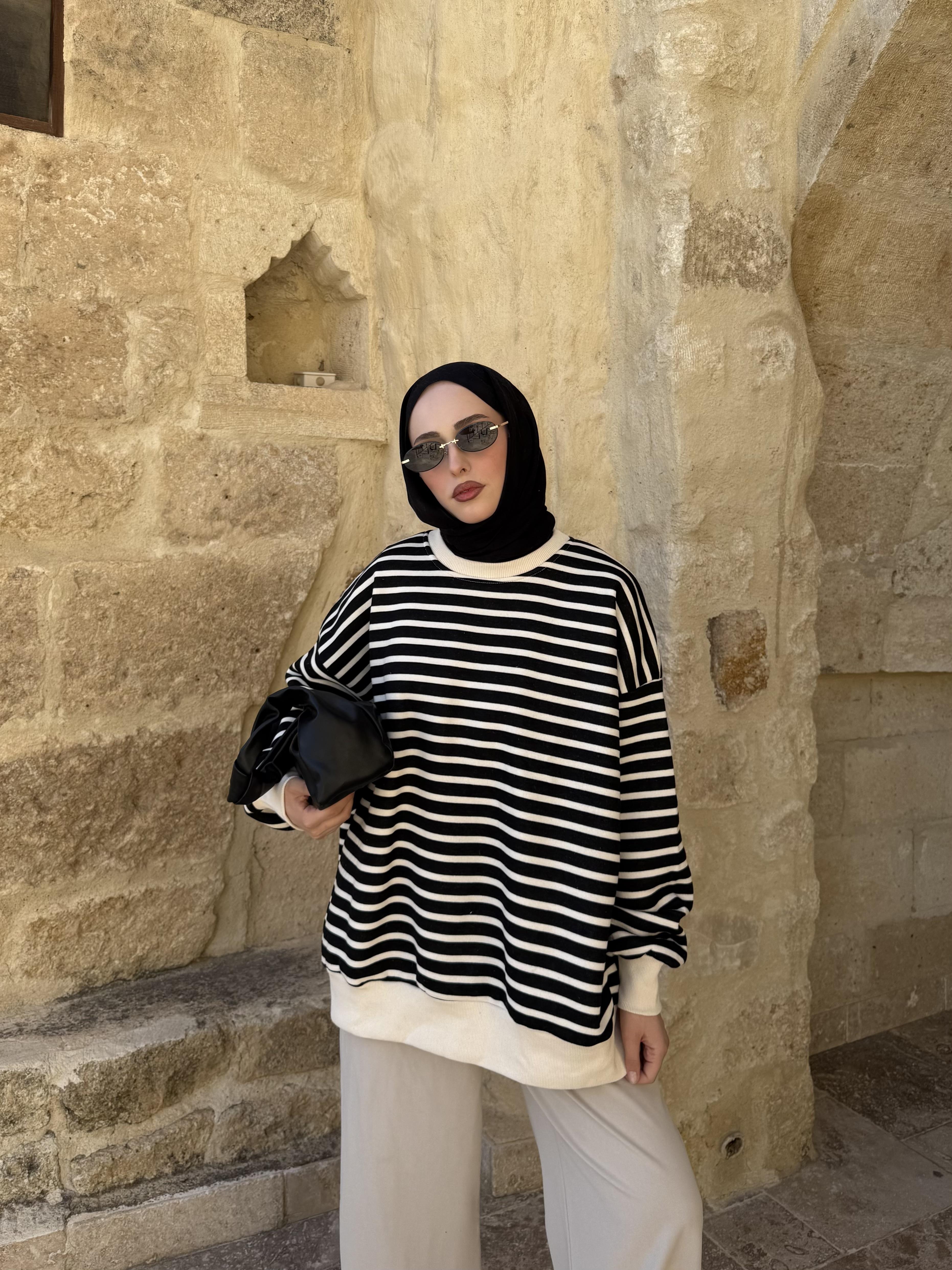 Çizgili Oversize Sweatshirt Ekru