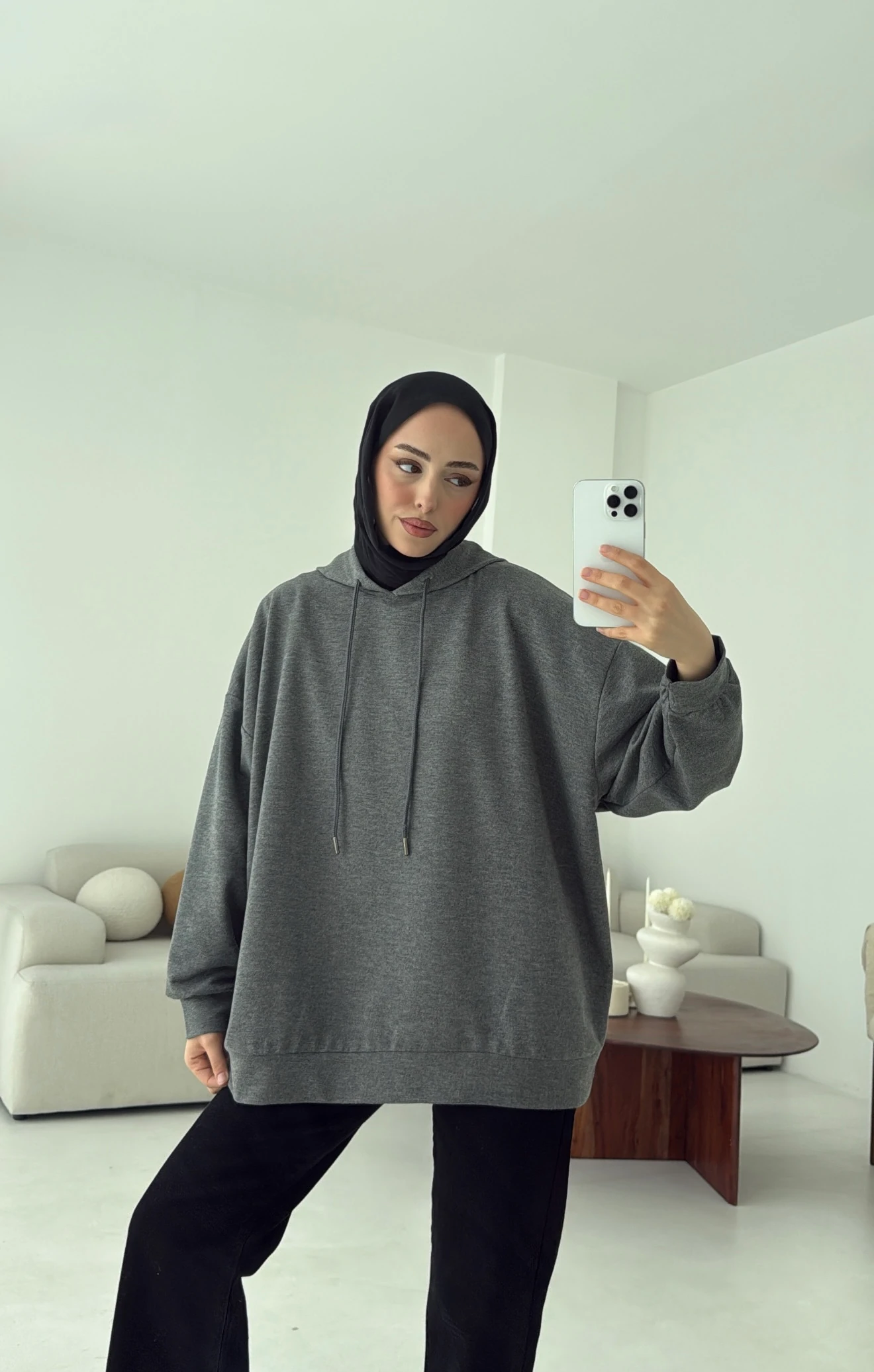 İki İplik Kapşonlu Sweat Antrasit