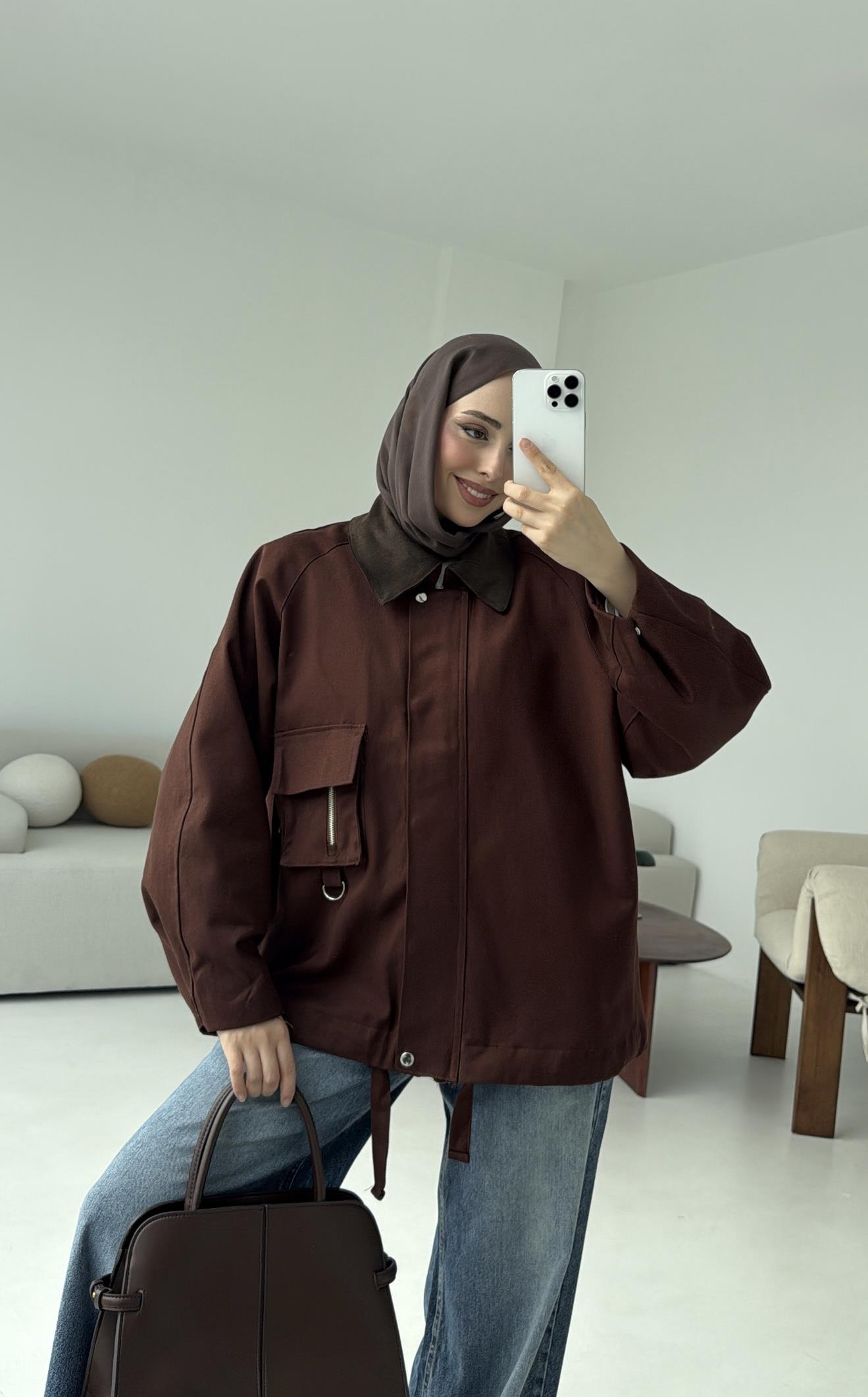 Kadife Yaka Gabardin Ceket Kahve