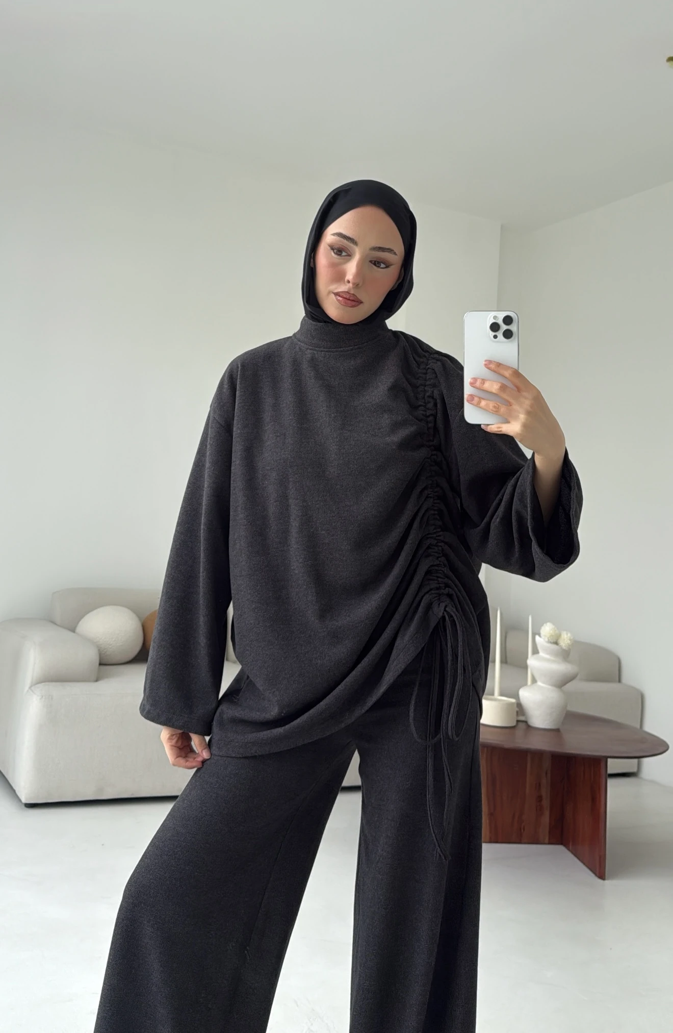 Bluzu Yandan Biyeli Takım Koyu Gri