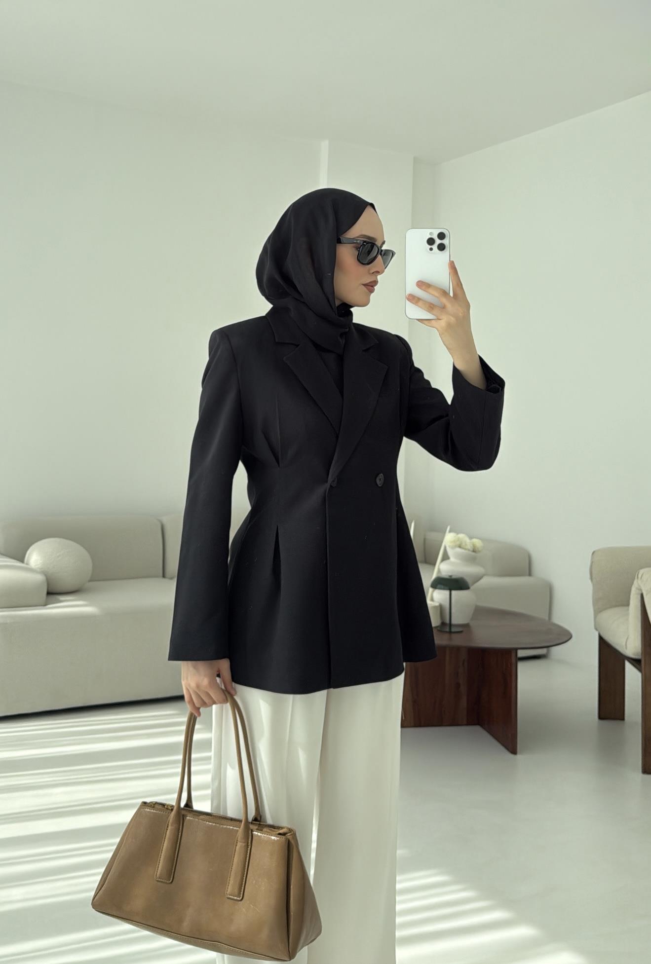 Pile Detay Blazer Ceket Siyah