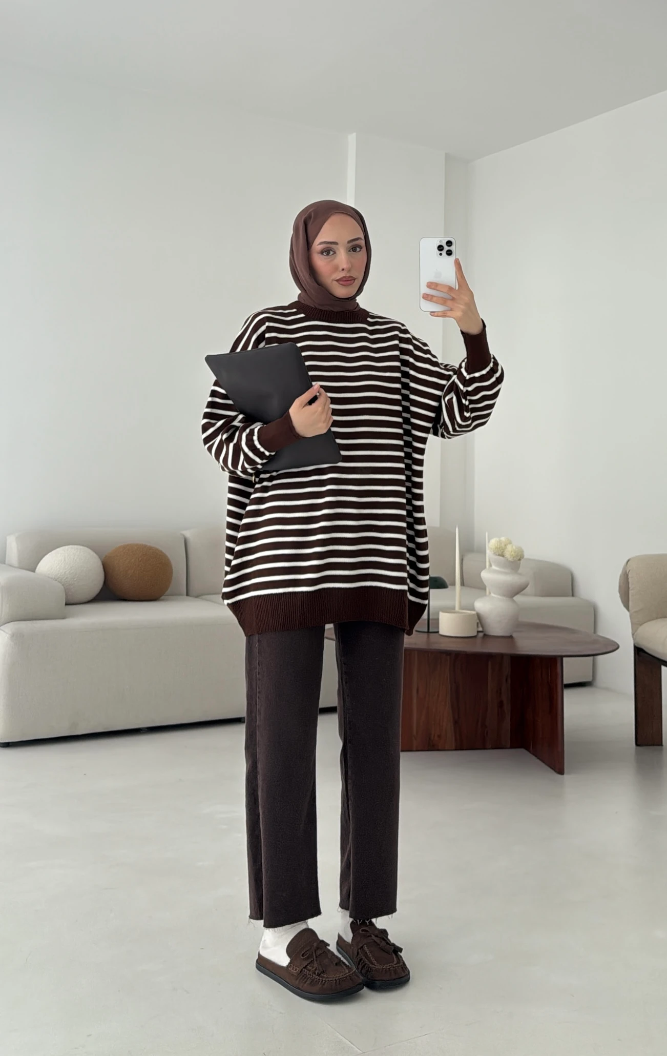 Çizgili Triko Kazak Kahve