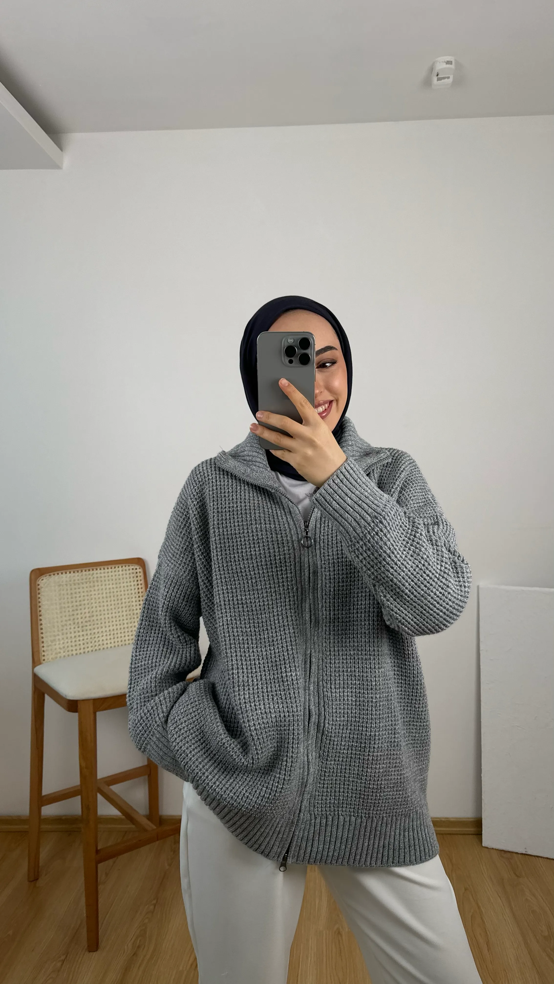 Kalın Örgü Fermuarlı Kazak Gri