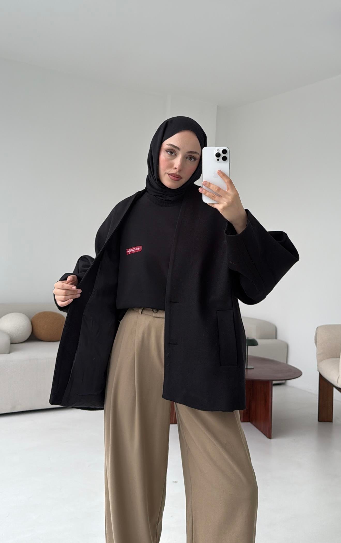 Soft Oversize Kaşe Kaban Siyah