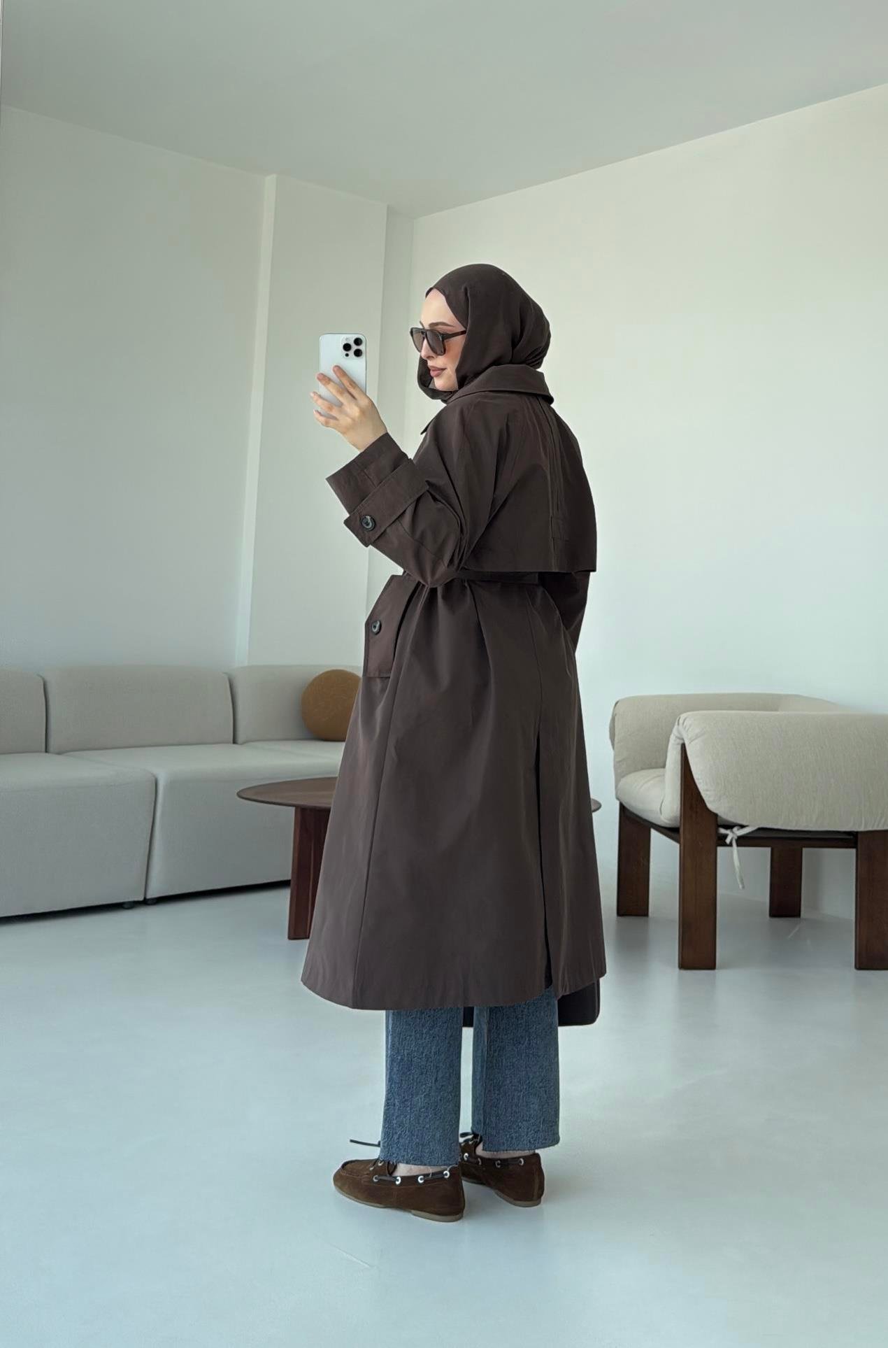 Kuşaklı Premium Trençkot Kahve