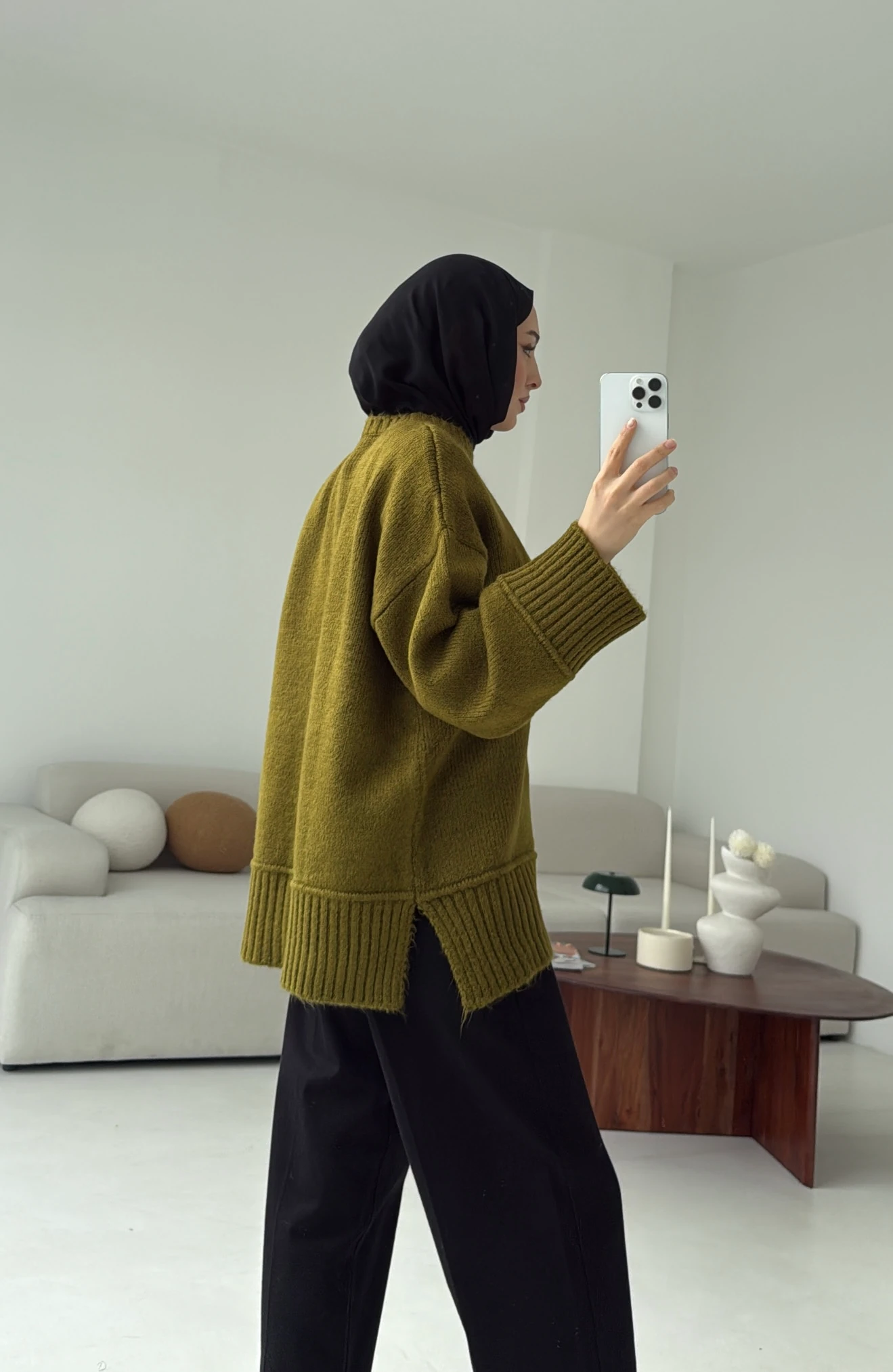 Kalın Manşet Kazak Zeytin Yeşili