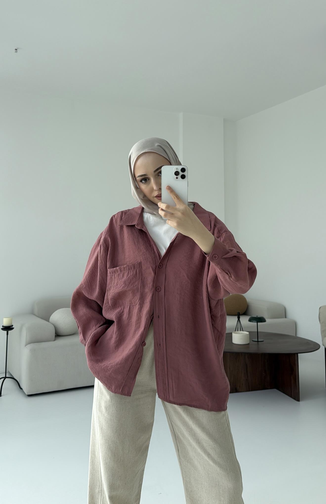 Düşük Omuz Oversize Gömlek Gül Kurusu