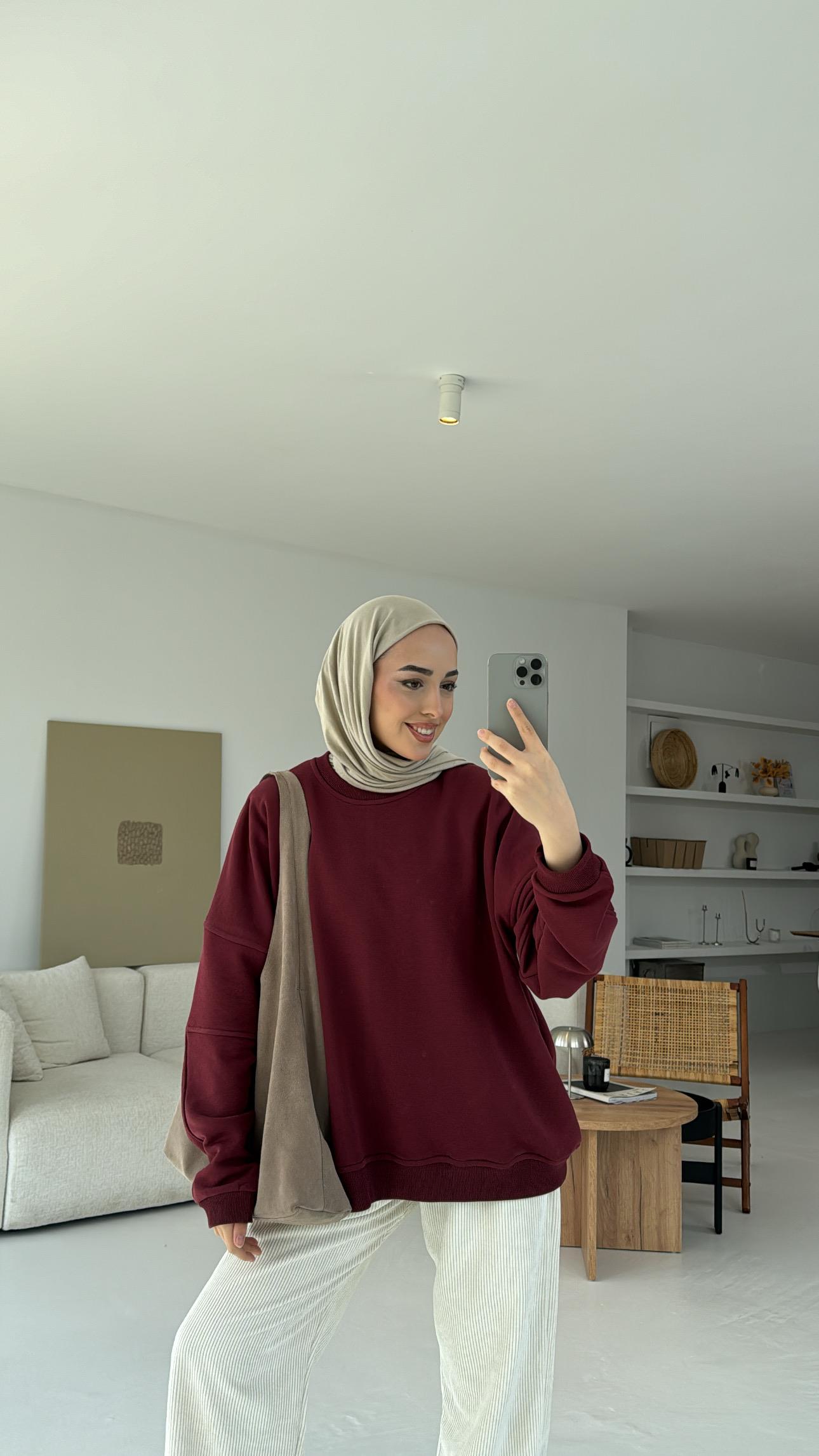Kolları Dikiş Detaylı Oversize Sweatshirt Bordo