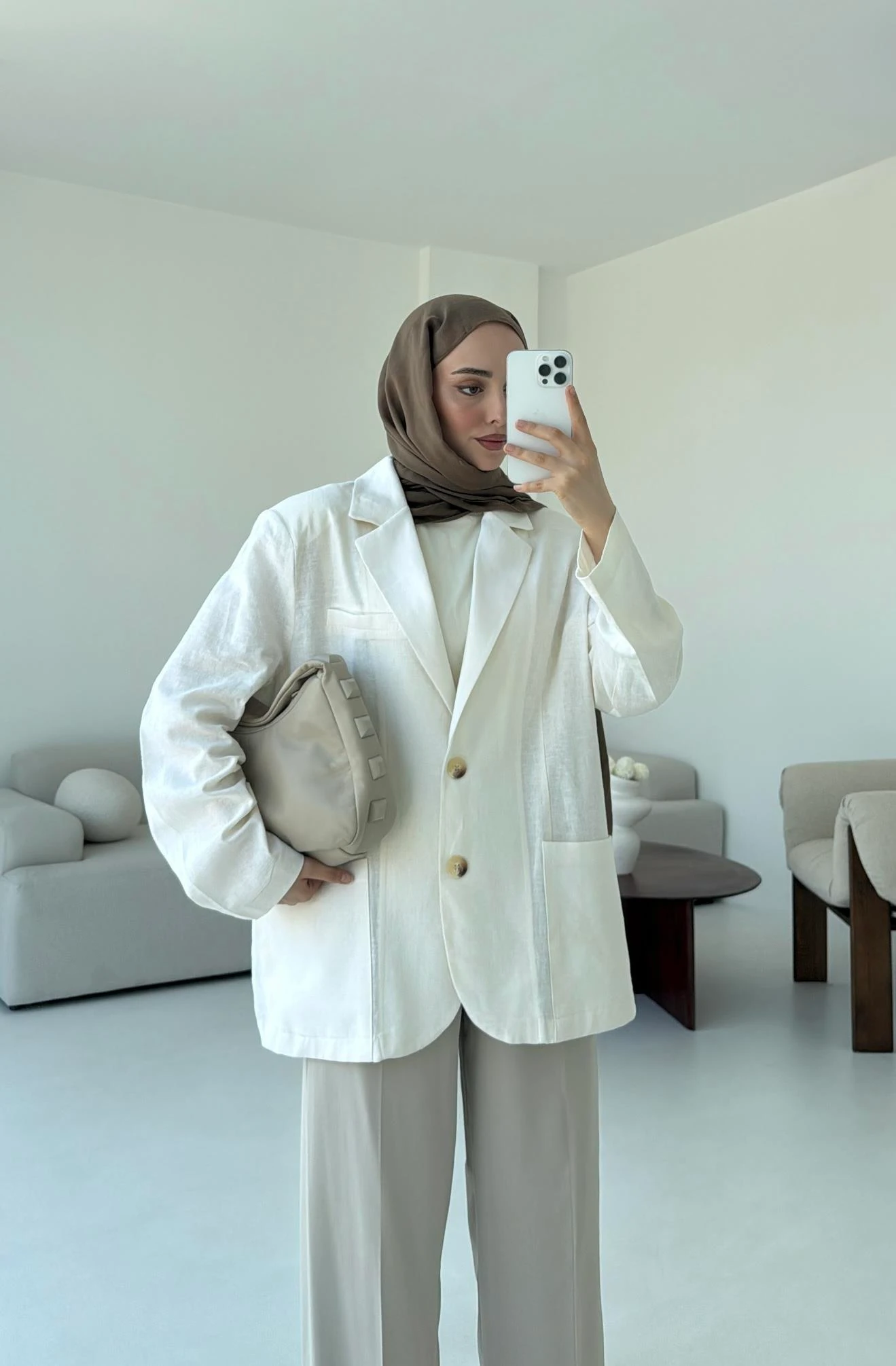 Keten Cepli Ceket Beyaz