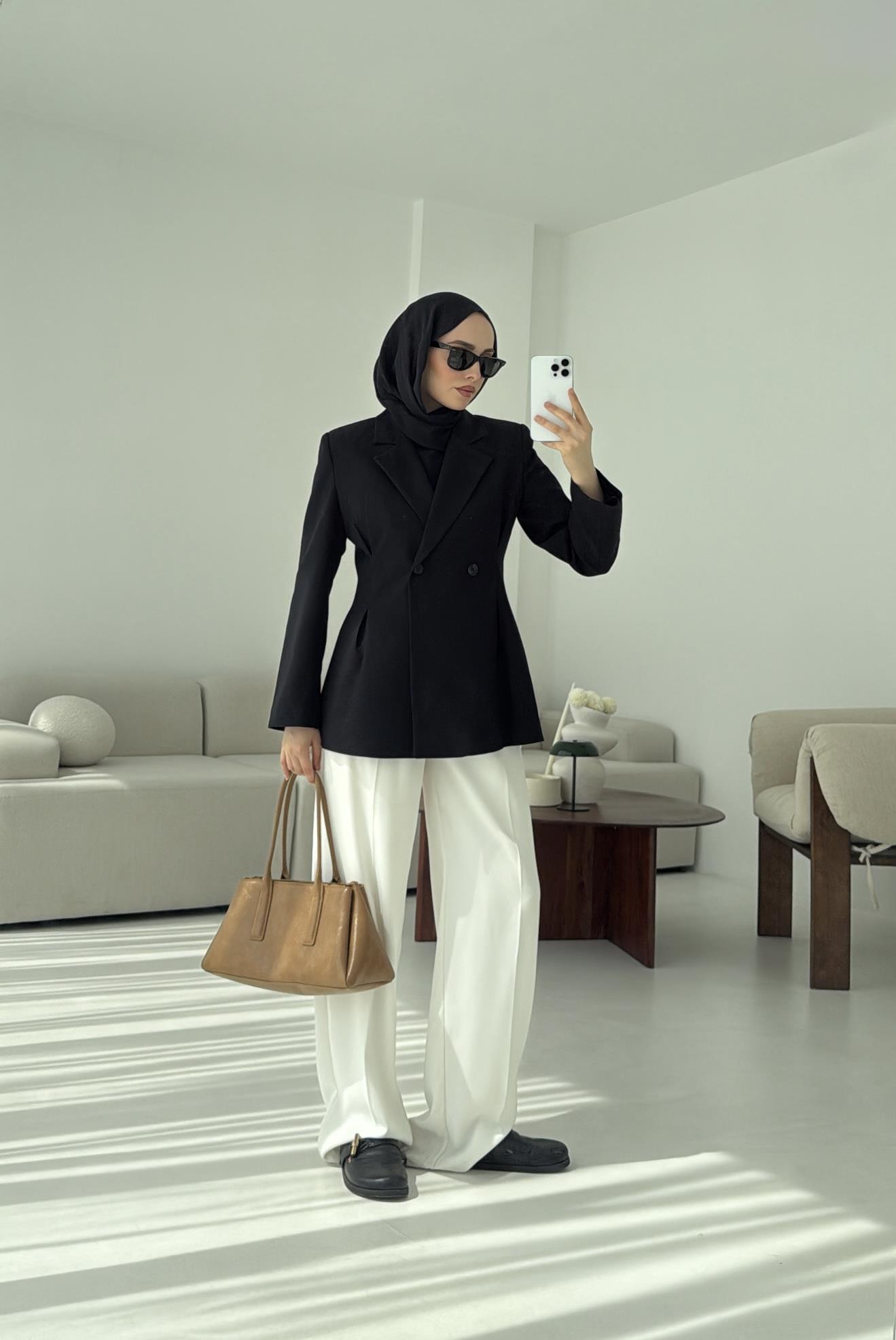 Pile Detay Blazer Ceket Siyah