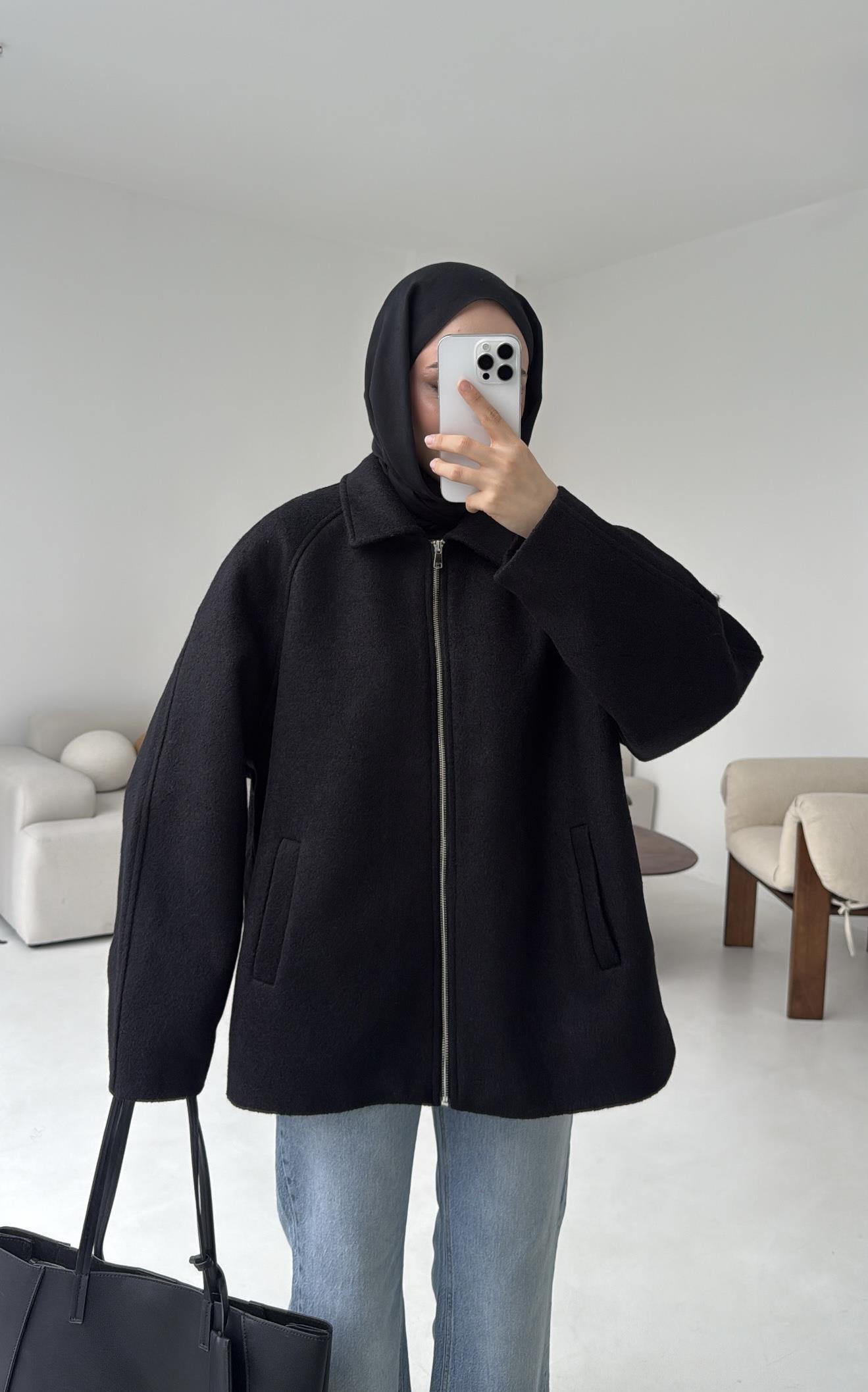 Fermuarlı Premıum Kece Ceket Siyah