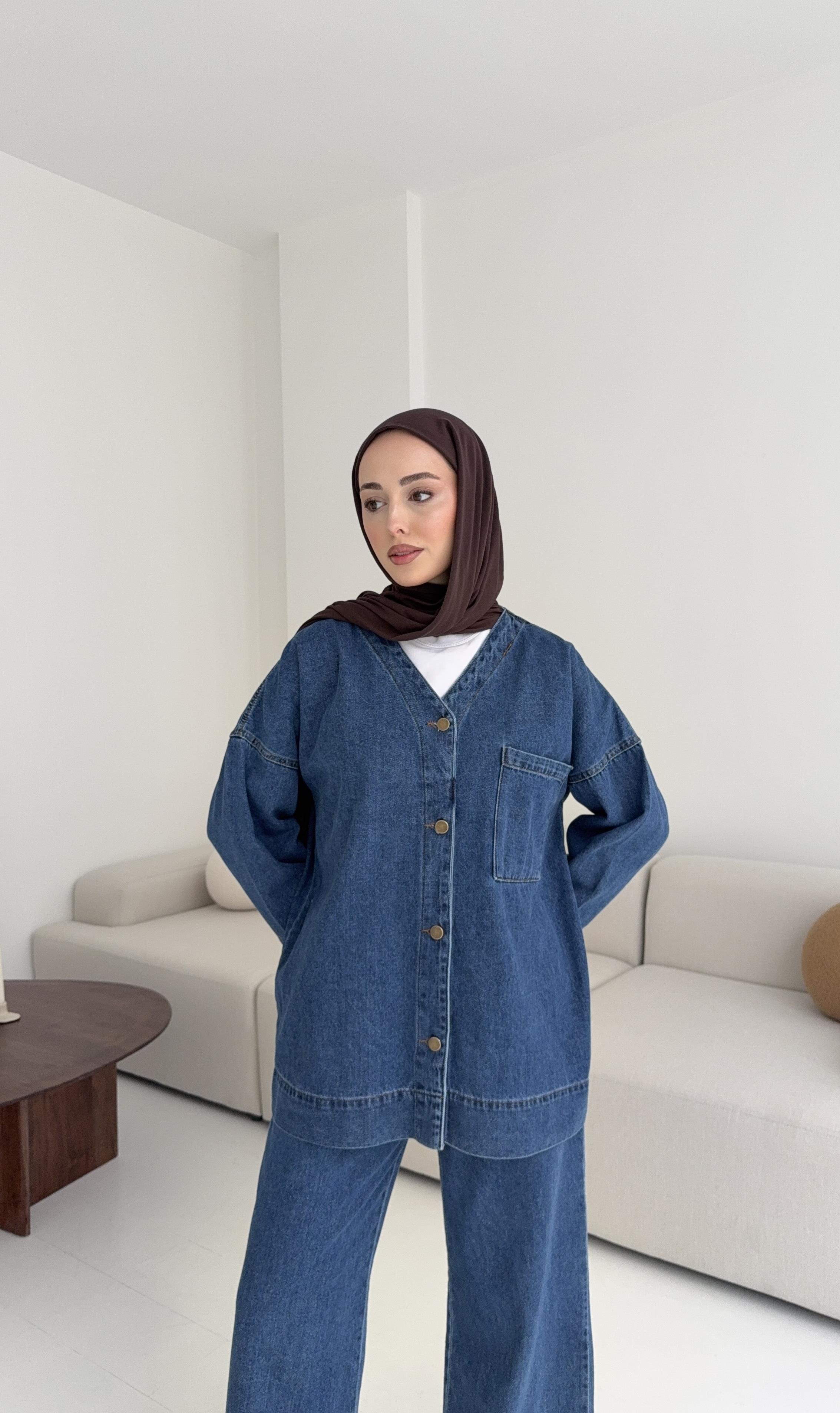 V Yaka Düğmeli Denim Takım