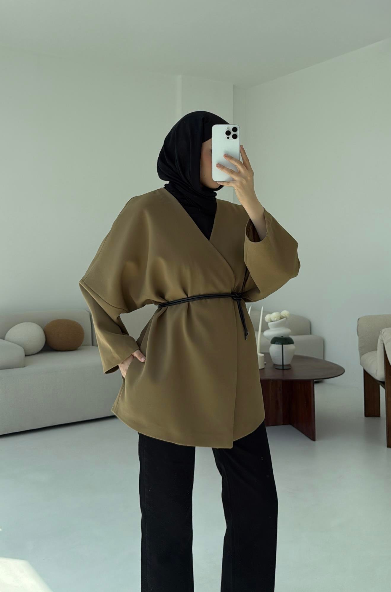 Deri Kemer Detay Oversize Ceket Olive
