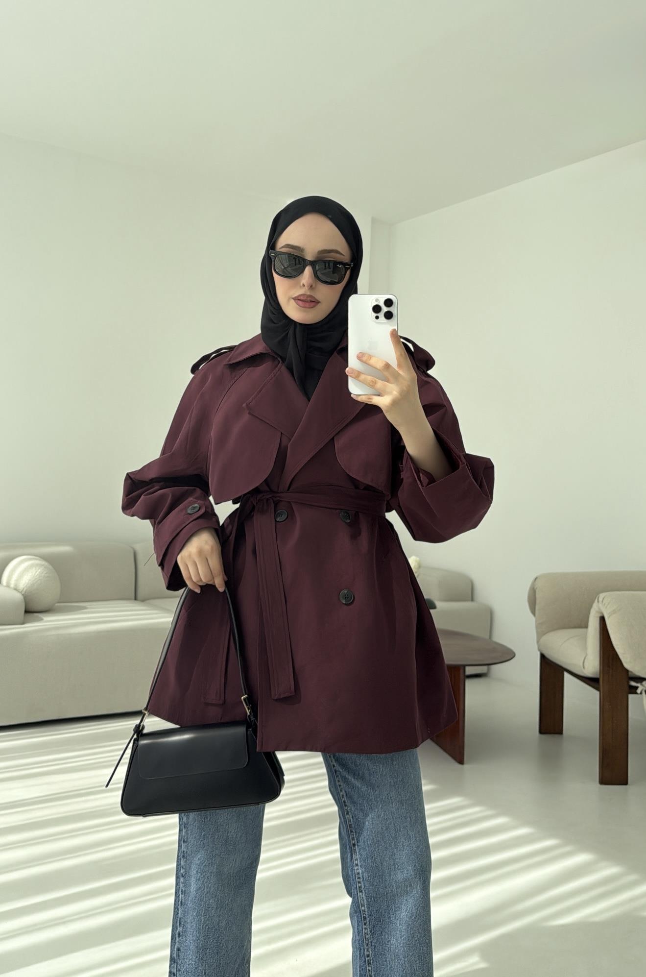 Allerli Kısa Trençkot Bordo