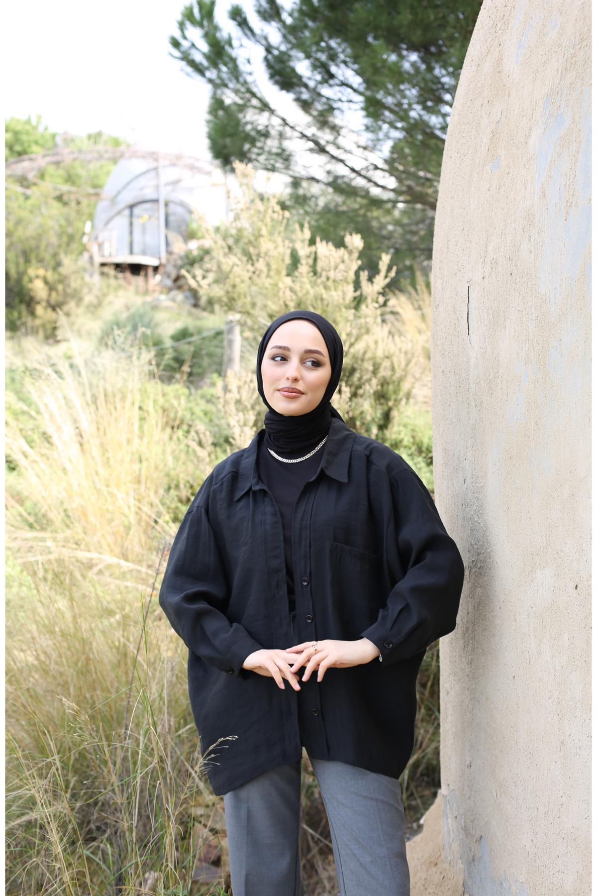 Oversize Pamuk Saten Gömlek Siyah