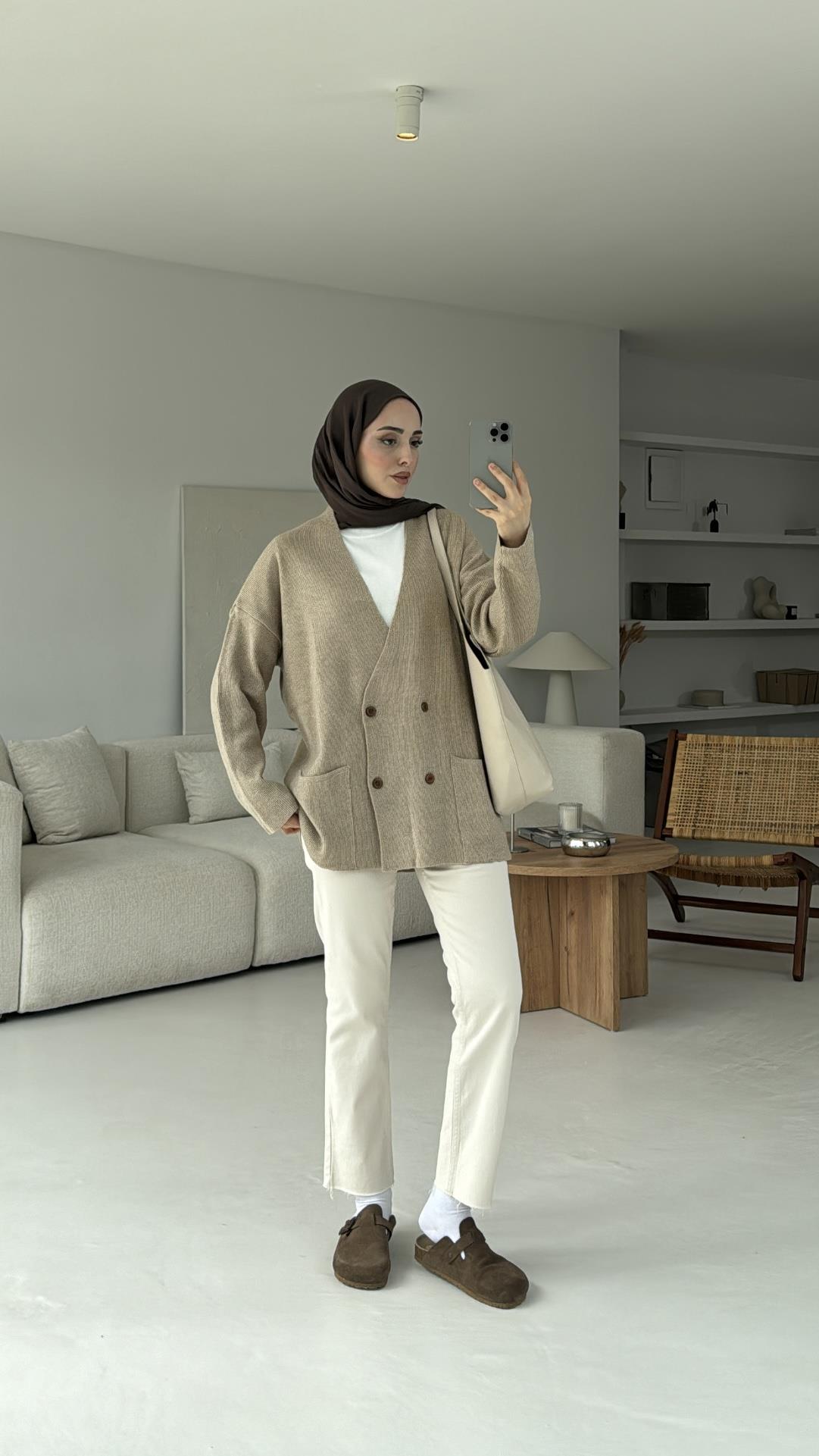 Düğmeli Cepli Triko Hırka Vizon