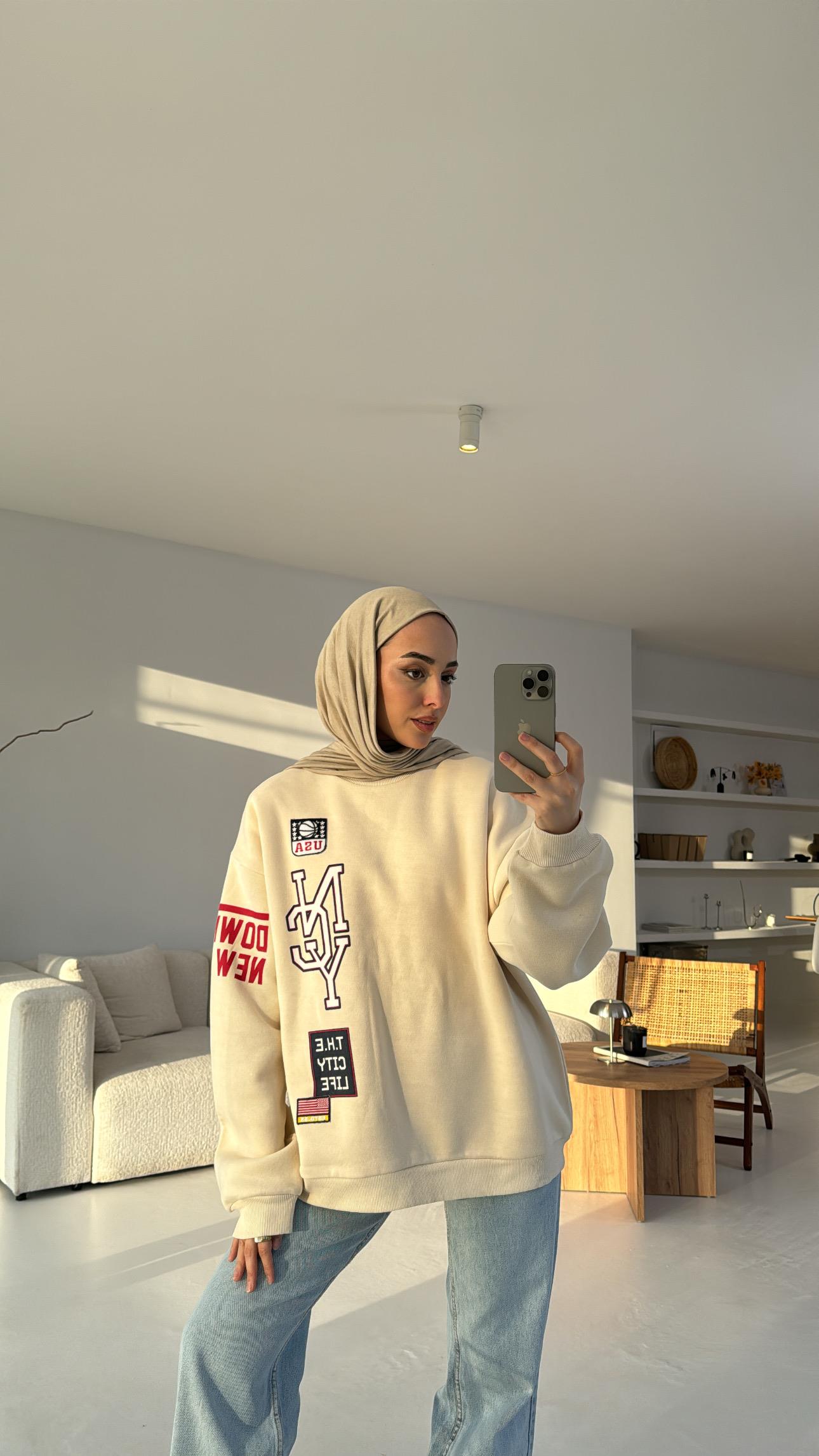 Bej NYC Baskılı Sweatshirt