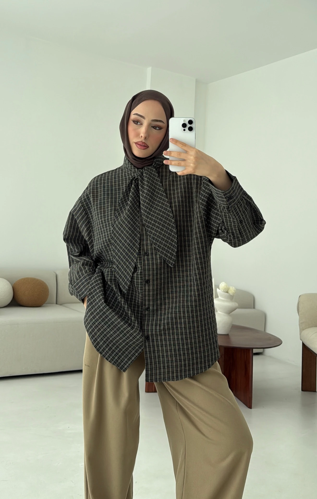 Fular Detay Ekose Gömlek Yeşil