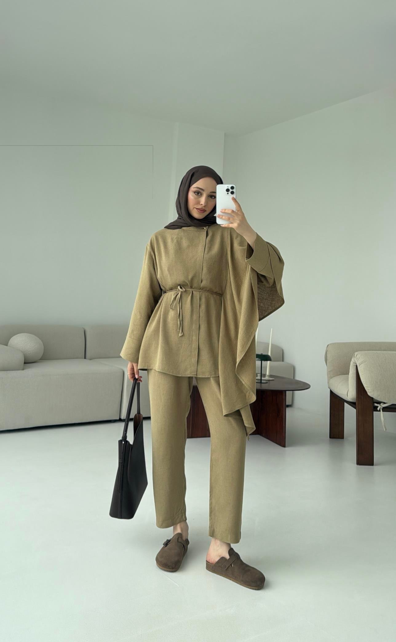 Volanlı Kimono Takım Olive