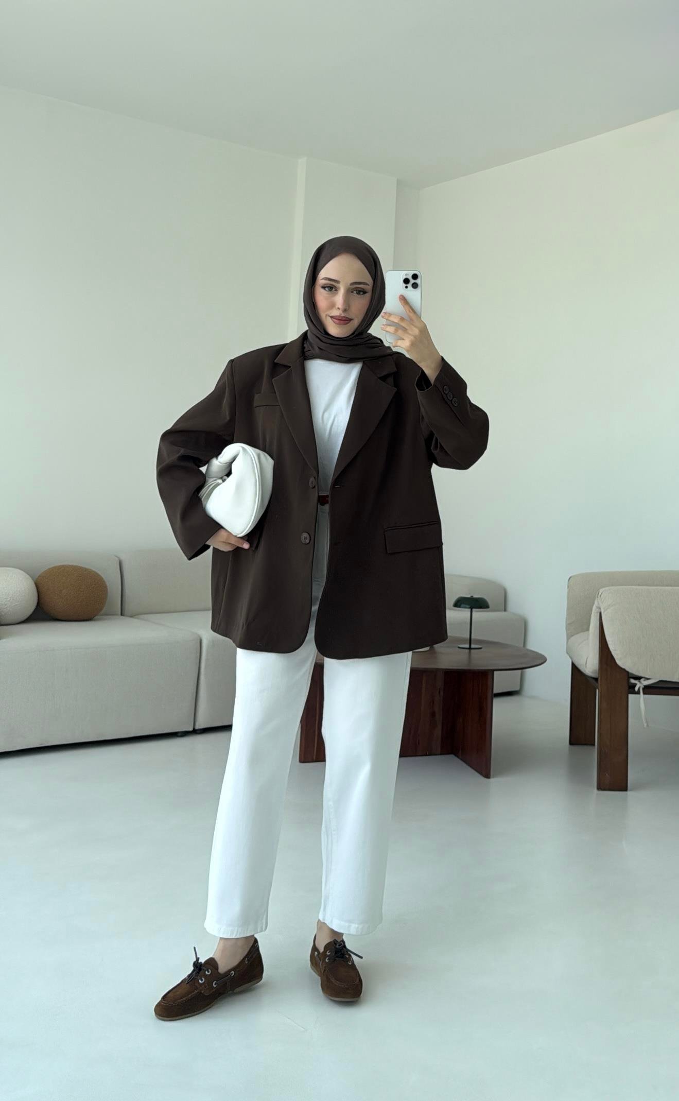 Çift Dügmeli Oversize Blazer Ceket Kahve