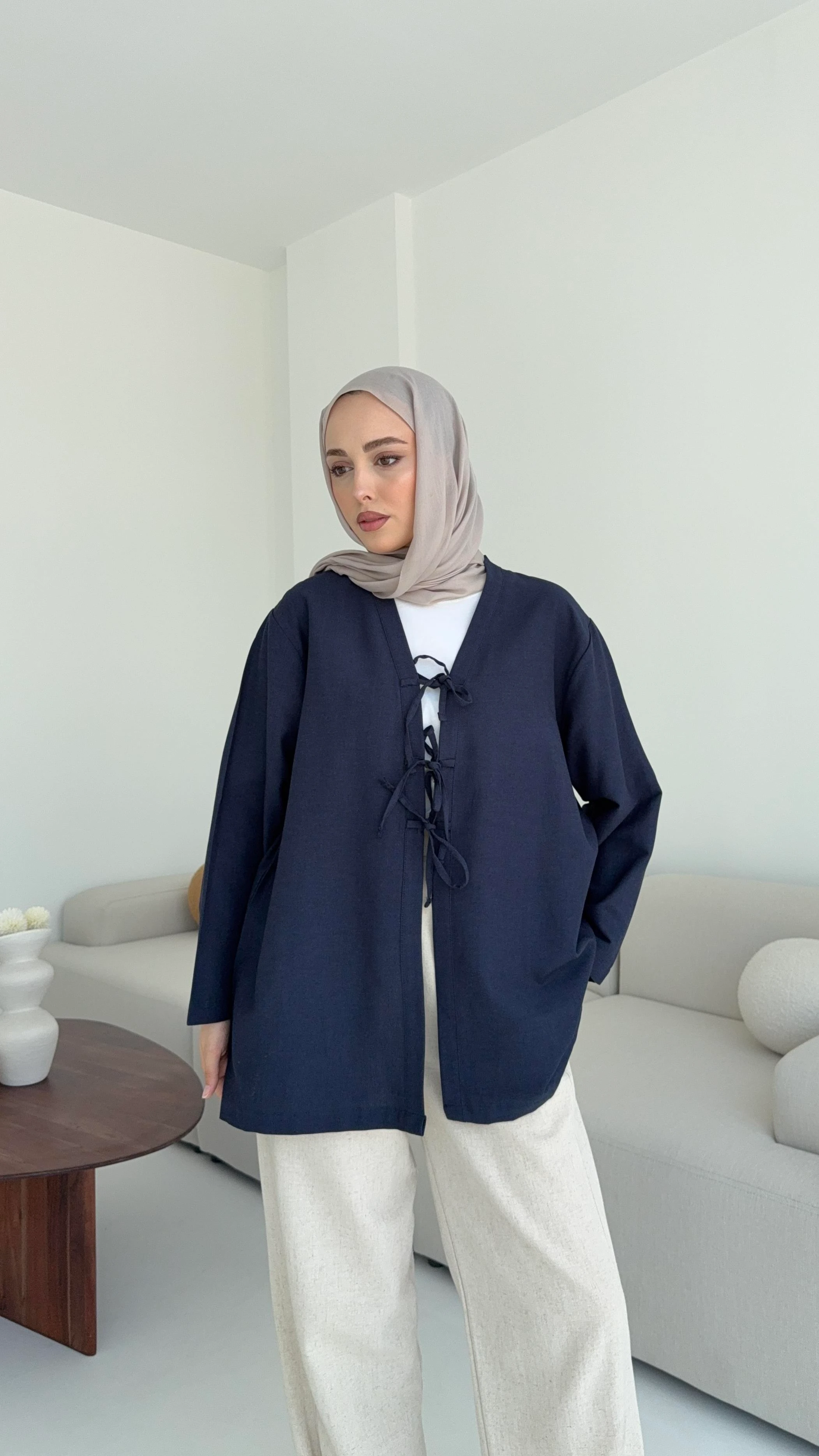 Keten Üç Bağlamalı Kimono Lacivert