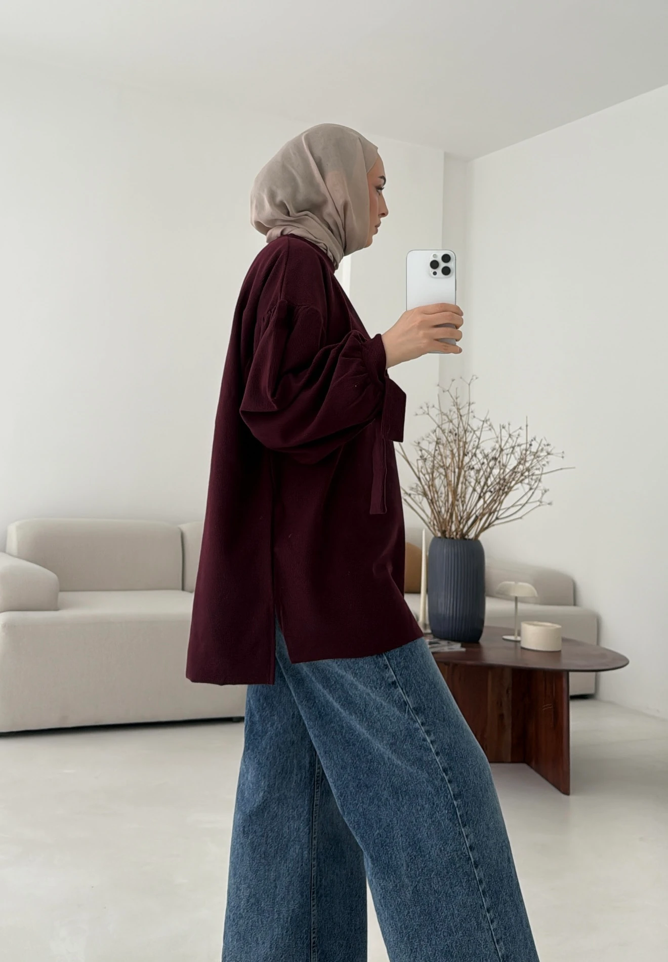 Selanik Balon Kol Bagcıklı Sweat Bordo