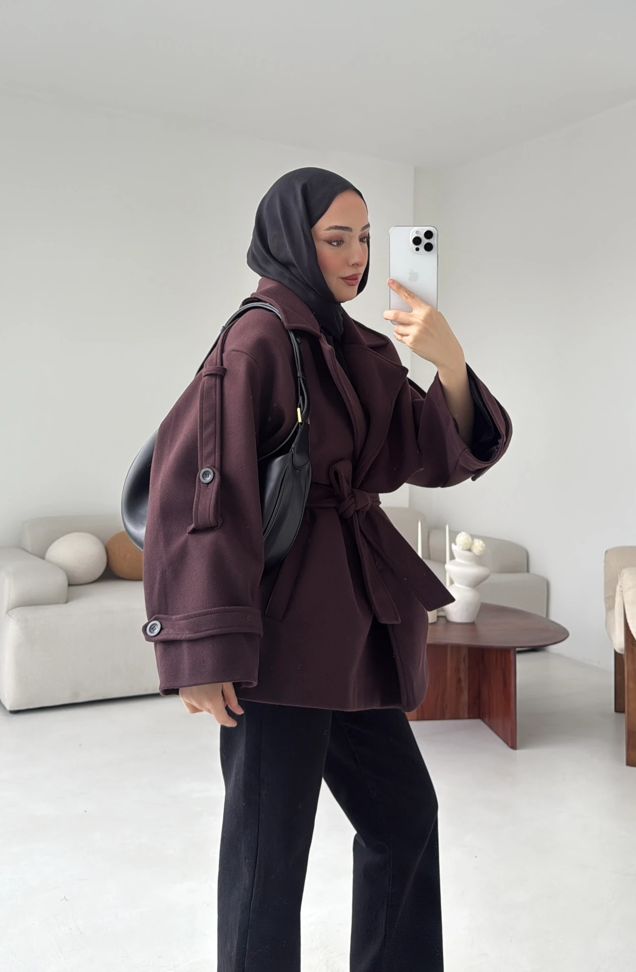 Mürdüm Düğmeli Kol Manşetli Kaşe Kaban