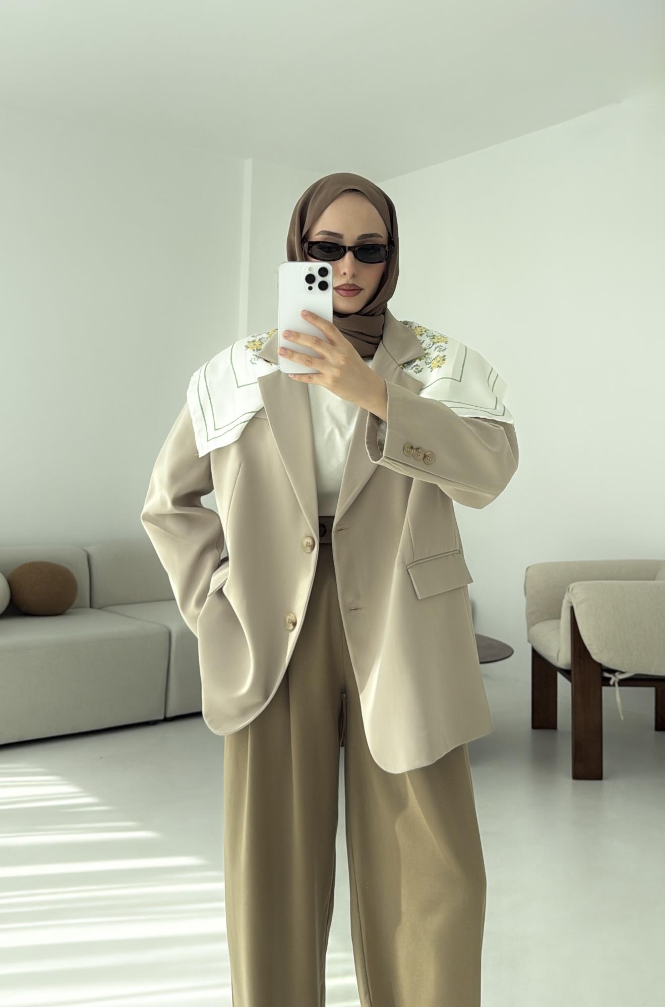 Çift Dügmeli Oversize Blazer Ceket Taş