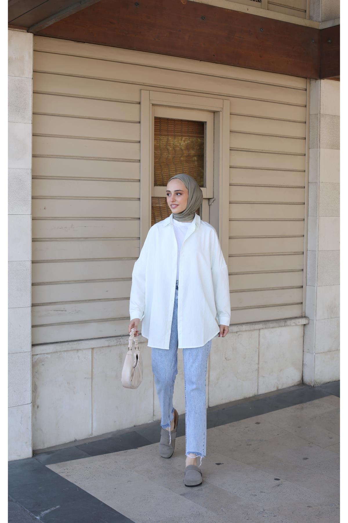 İnce Çizgili Haki Gömlek