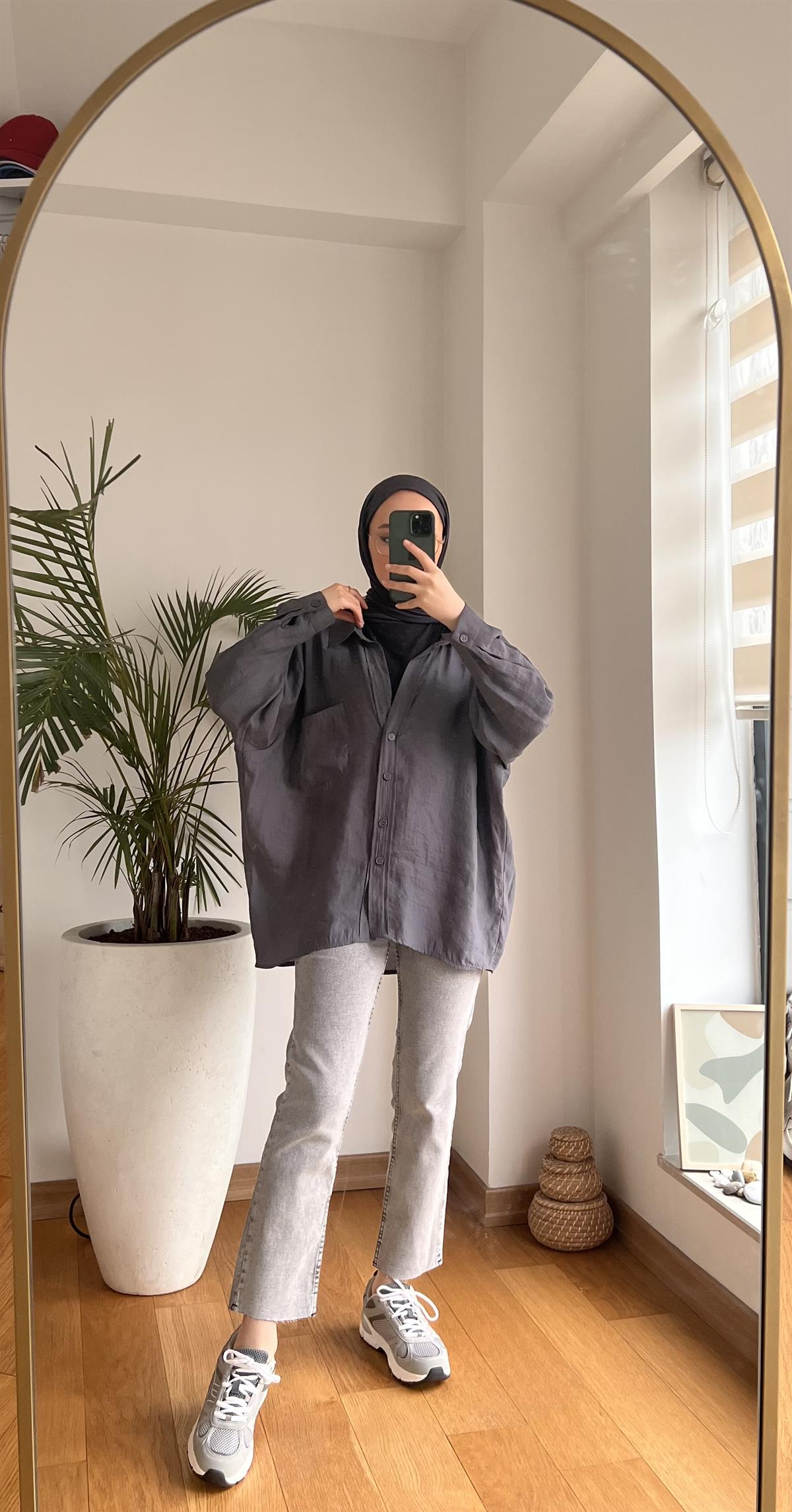 Oversize Pamuk Saten Gömlek Antrasit