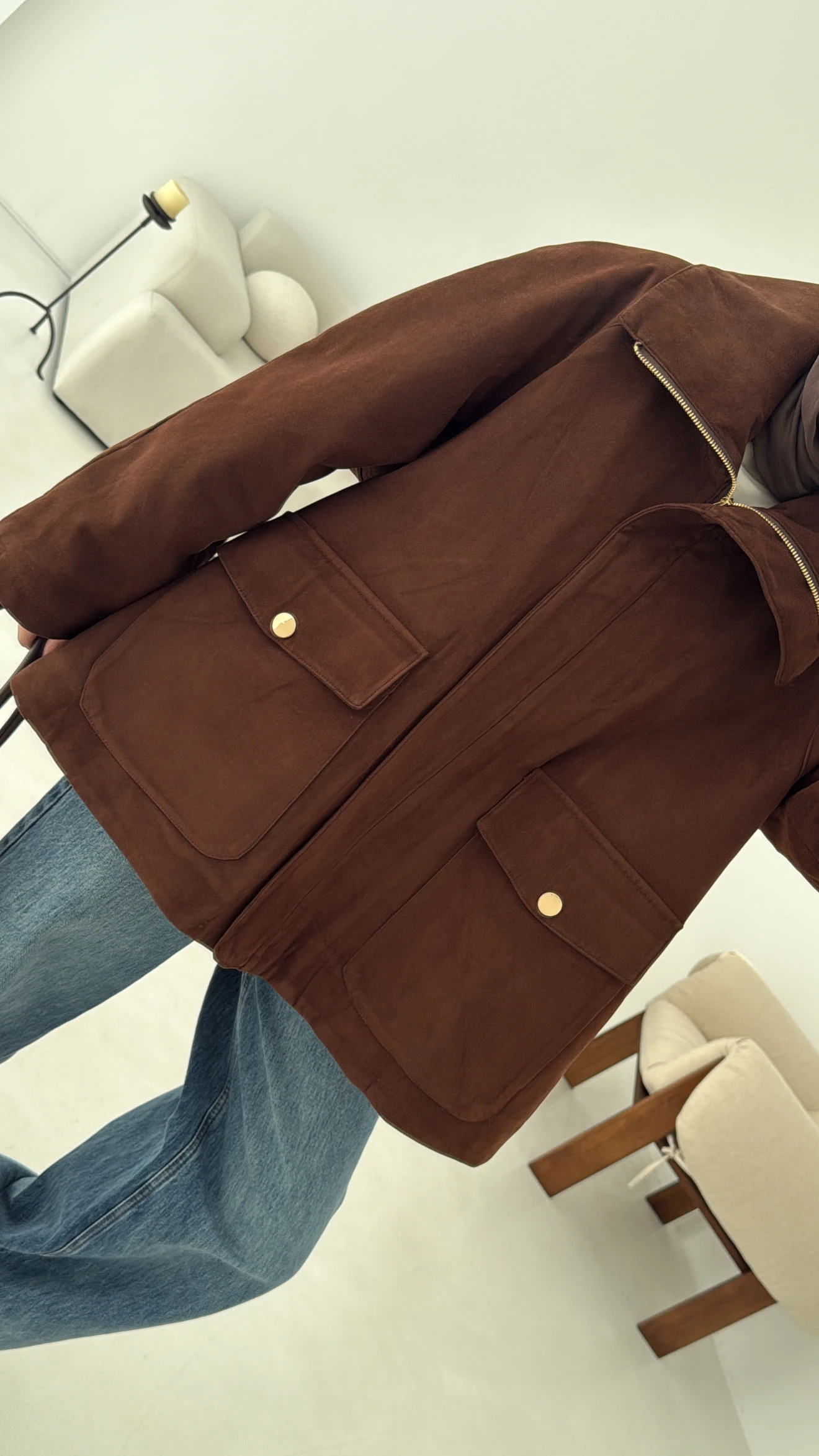 Oversize Dolgulu Süet Ceket Kahve