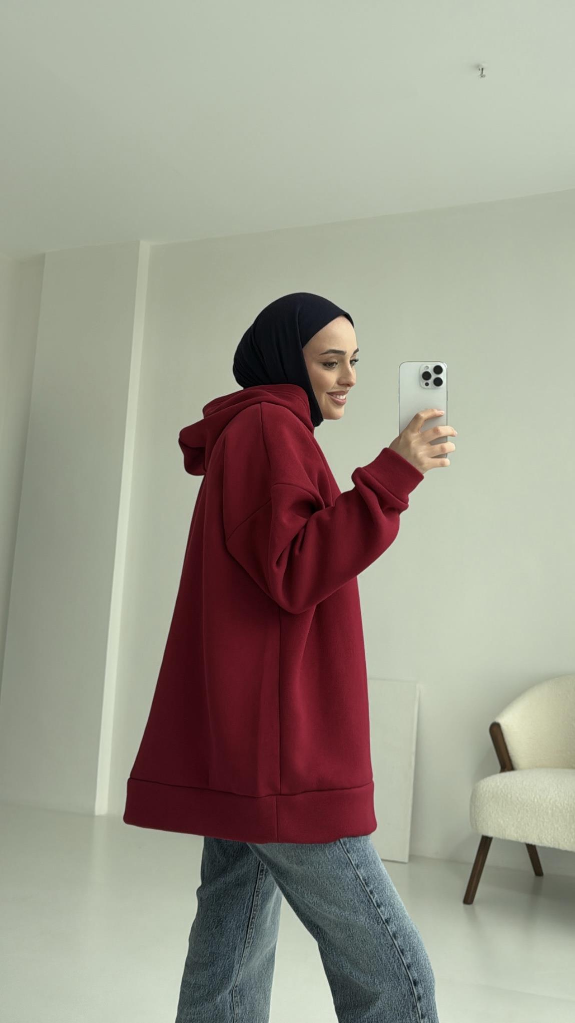 Şardonlu Oversize Bordo Sweatshirt
