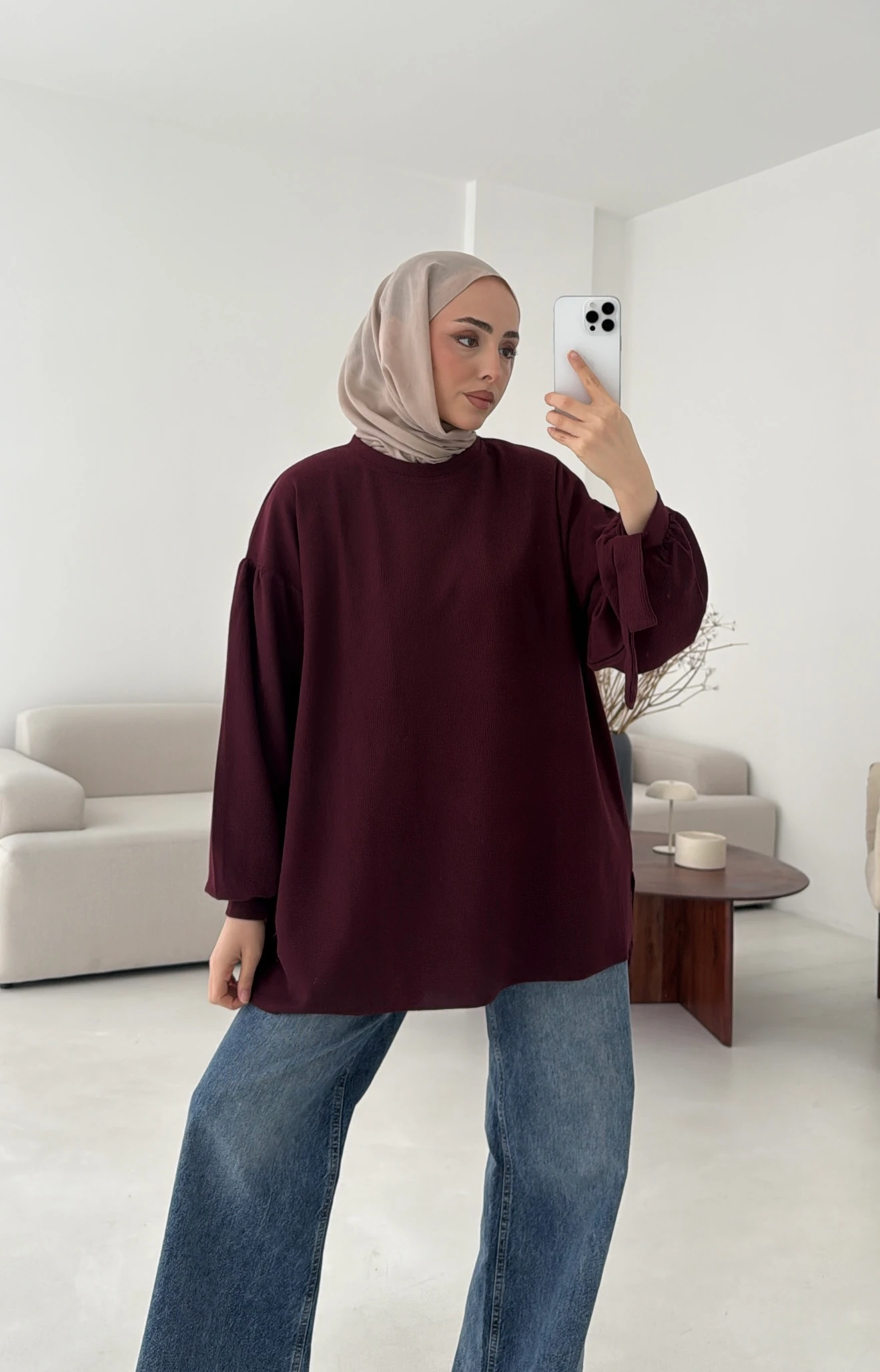 Selanik Balon Kol Bagcıklı Sweat Bordo