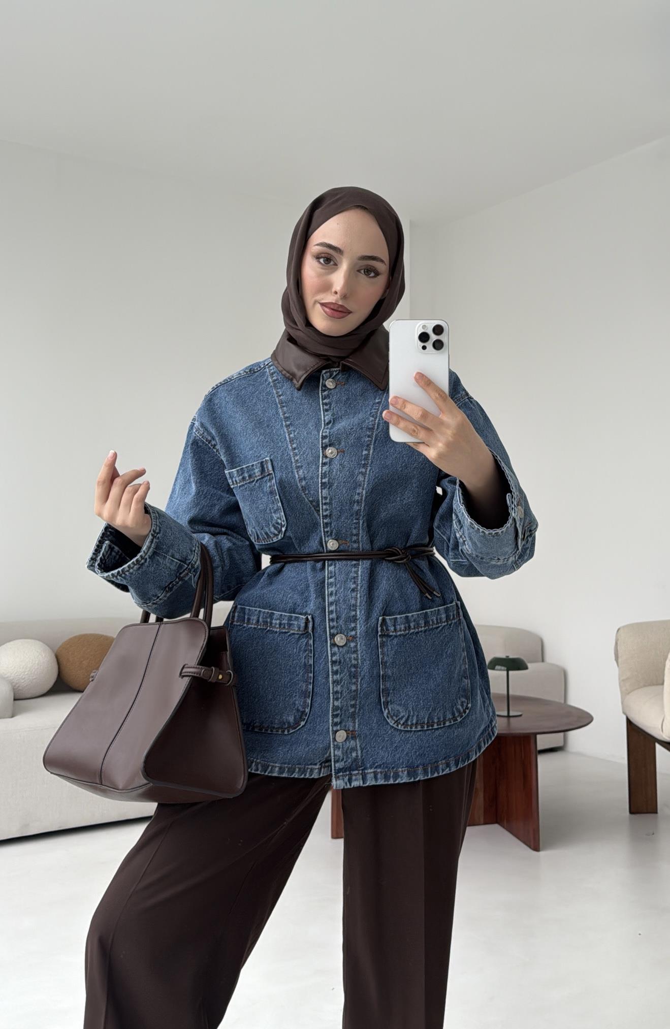 Yakası Deri Denim Ceket