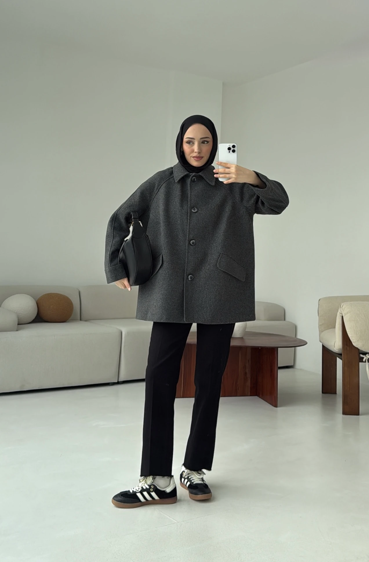 Ön Düğmeli Kaban Antrasit