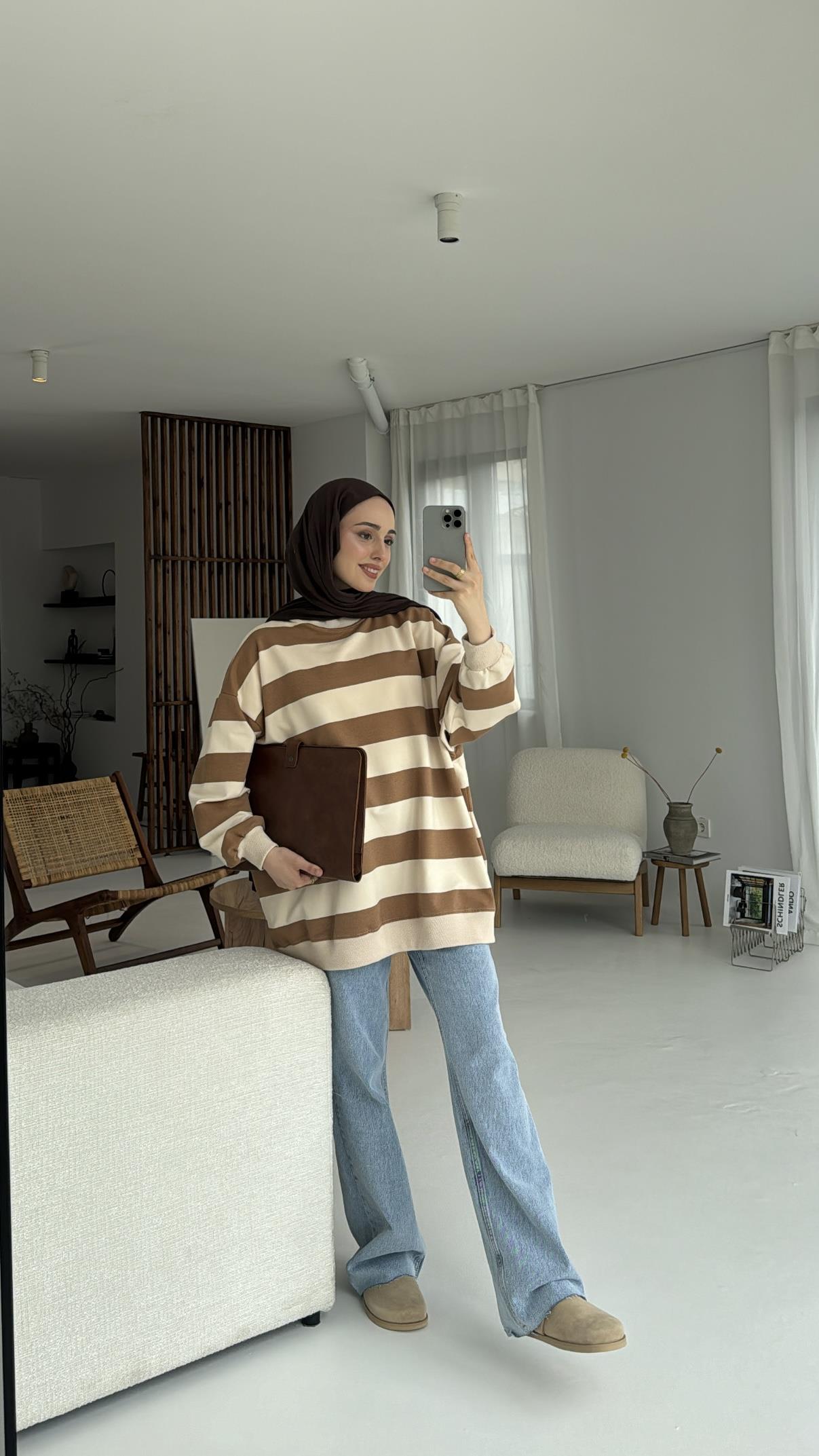 Çizgili Oversize Sweatshirt Kahve