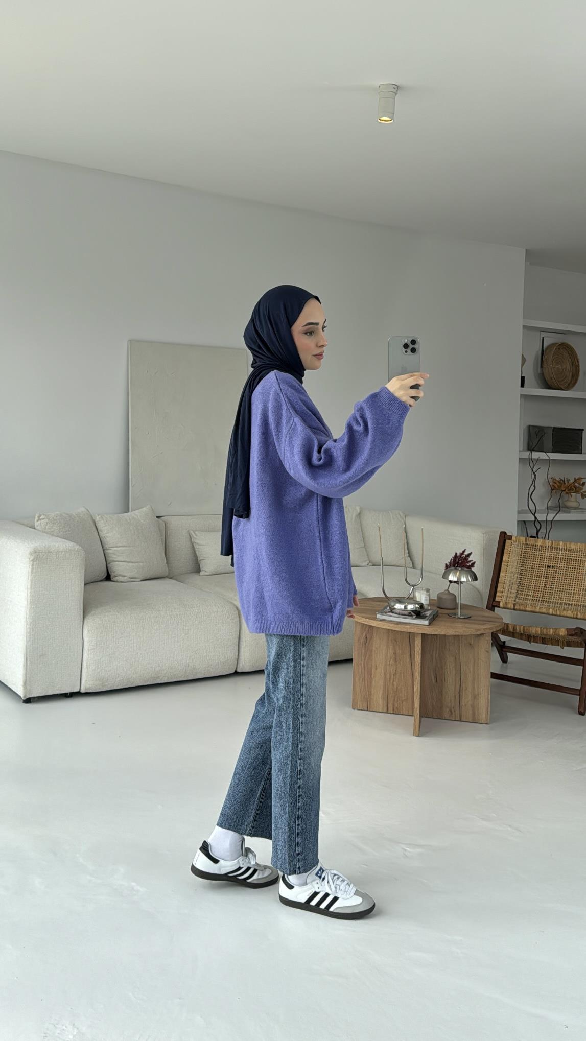 Oversize Yünlü Triko Hırka Lila